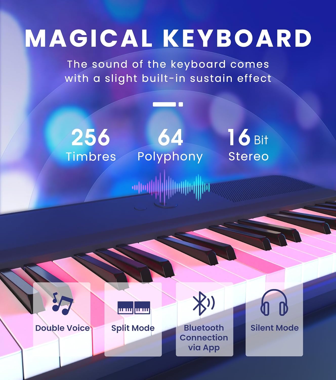 The ONE Smart Keyboard COLOR 61 Keys Piano Keyboard, Music Keyboard with 256 Timbres, 64 Polyphony, 2 Speakers, Built-in LED Lights and Free Apps (Blue)