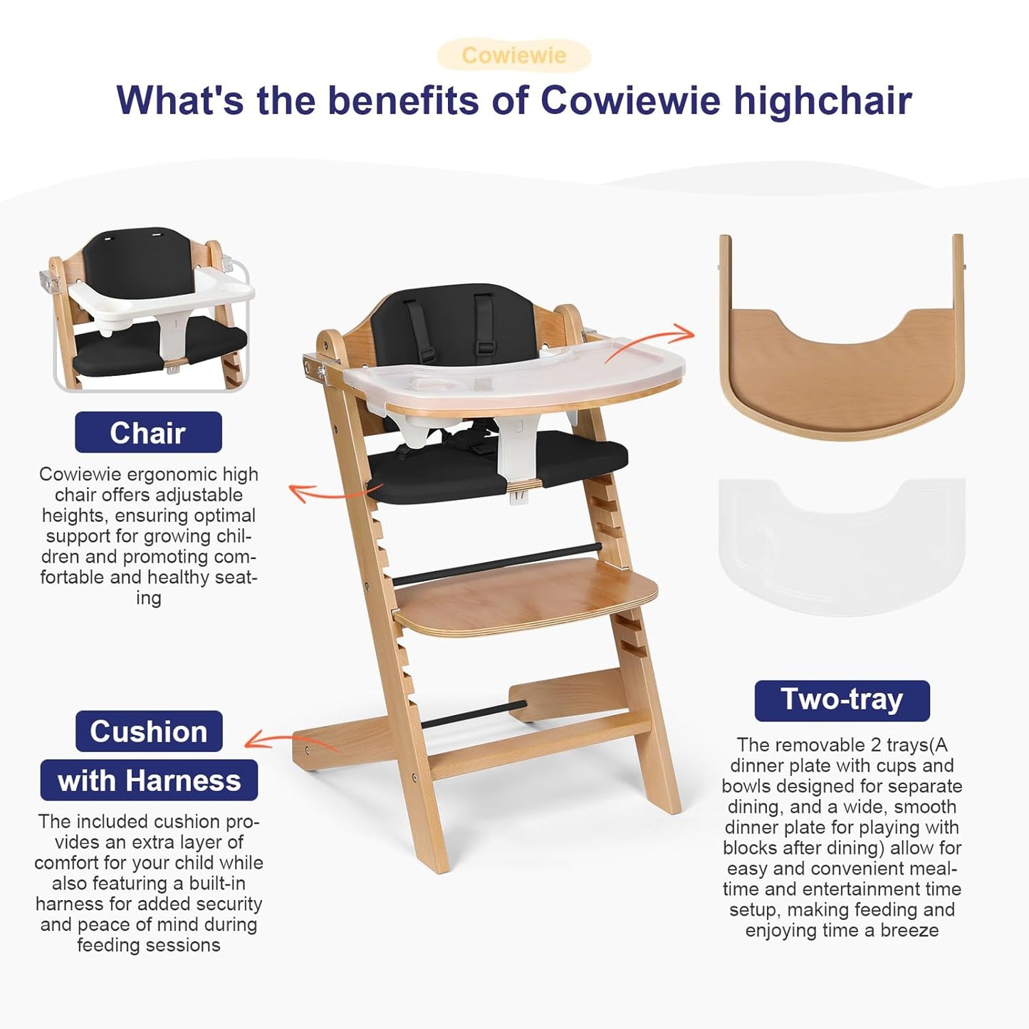 Cowiewie Natural Wooden High Chair for Babies & Toddlers 3-Tier Remove & 2 Adjustable Tray, 8 Adjustable Highchair with Cushions, Easy to Clean (Black)