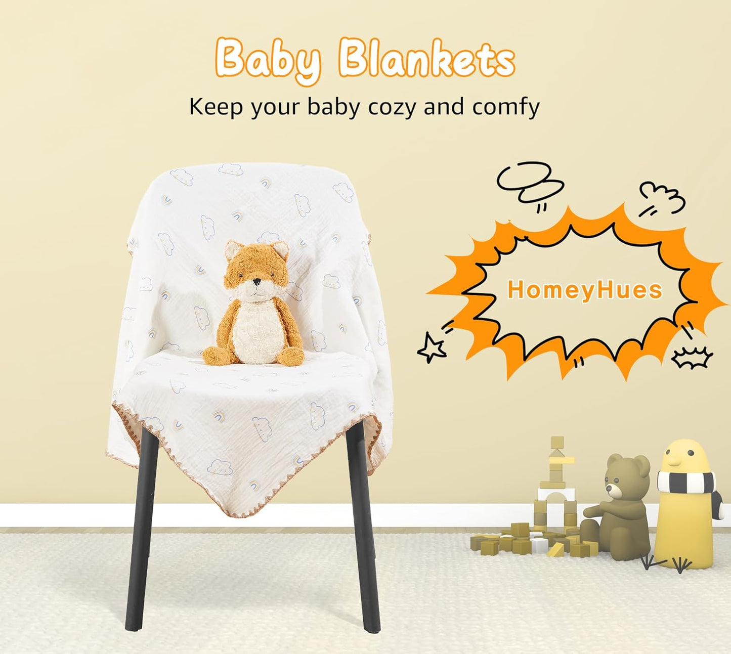 Baby Blanket Double Layer Cotton 40 x 40 Soft Receiving Blanket with Pattern Machine Washable Cloud