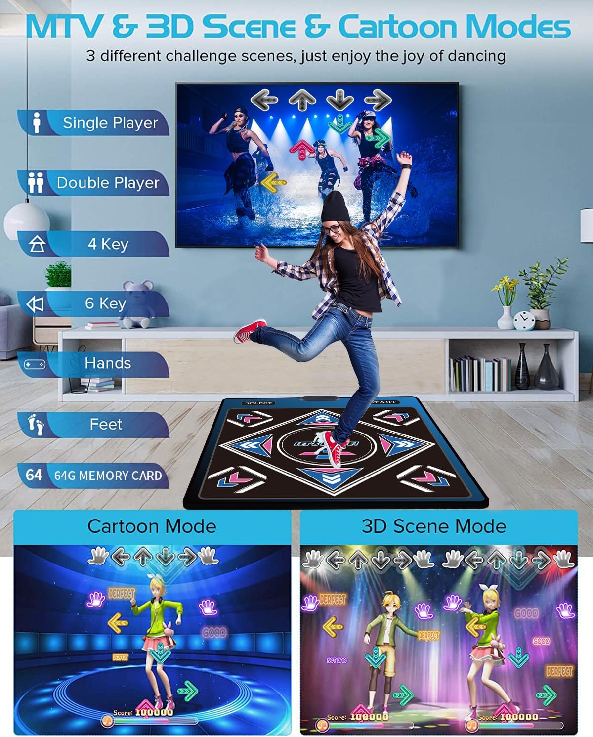 A Single-Person Dance mat with Camera, 64GB Card, 650 Songs, 1000 Games, 81 Music Videos. Luxurious Gift for Boys and Girls, Made of high-Grade Flannel. Suitable for TV use.