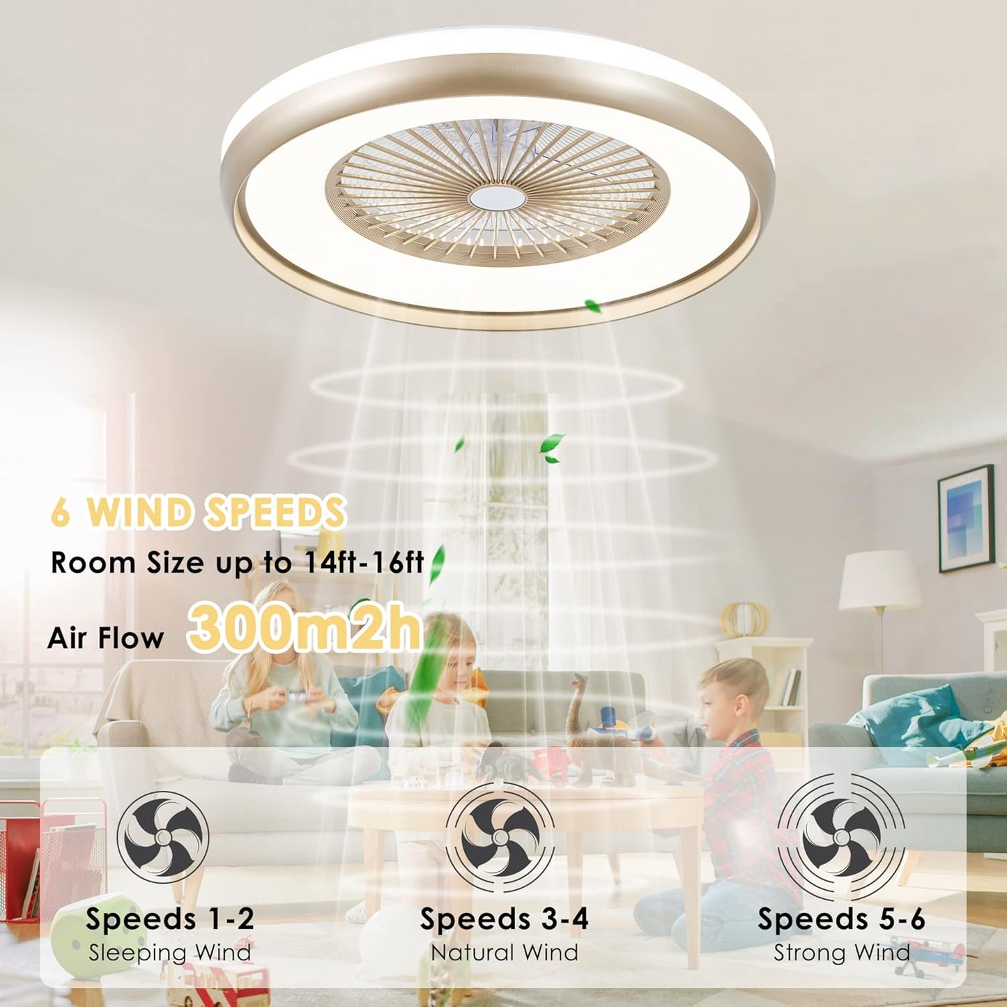 24" Bladeless Ceiling Fan with Light Remote, Smart LED Ceiling Fans with App Control, Modern Low Profile Dimmable Light Ceiling Fan for Bedroom Living Room Gold