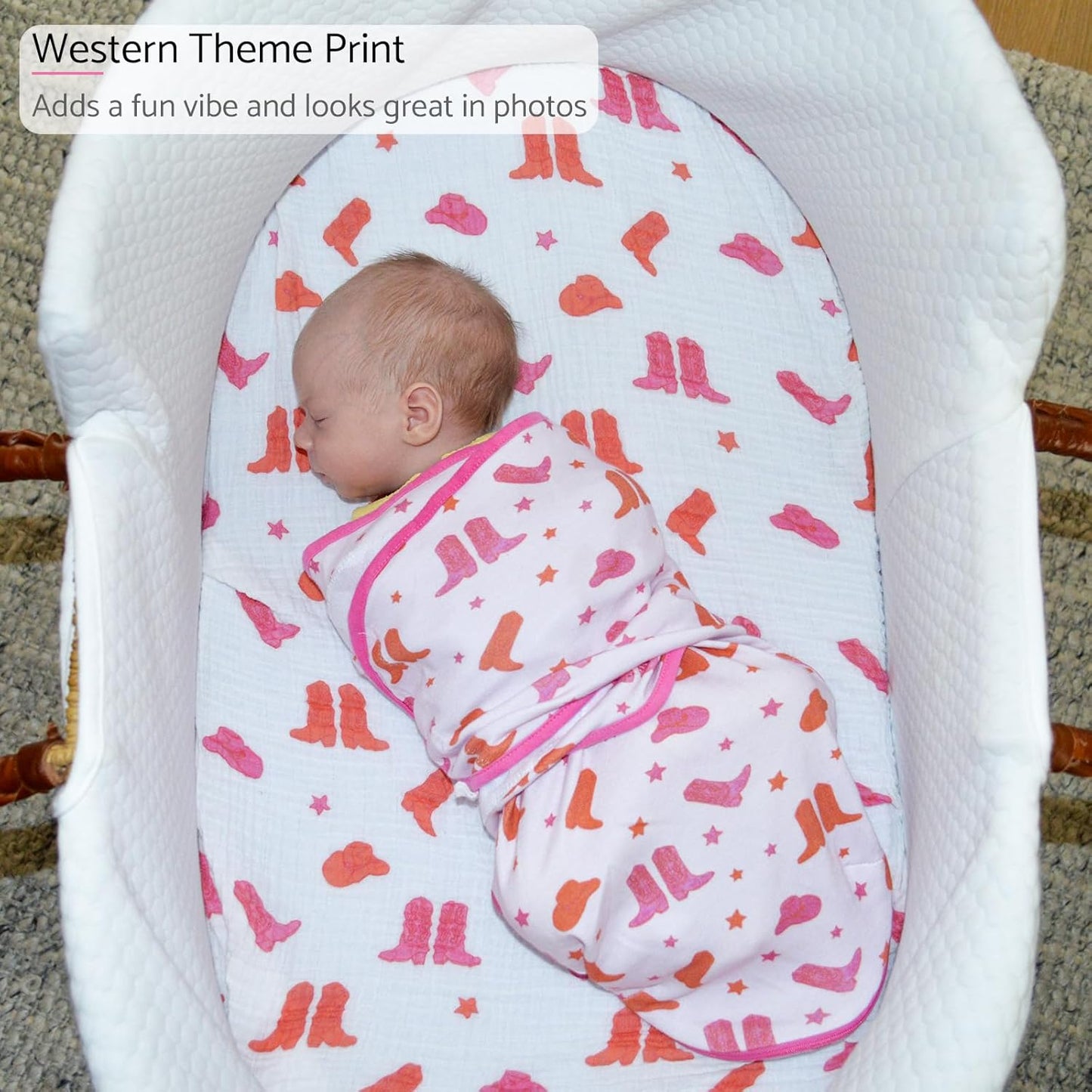 LollyBanks Baby Swaddles 100% Organic Cotton, 3-6 Months Baby Girl Swaddles with Easy Change Zipper, Swaddle Sack for Newborn Girls (Pink Boot Print)