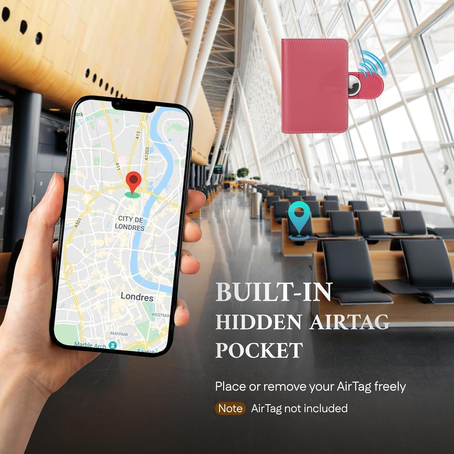 ALLIVE Rfid Passport Holder for Travel, Women, Rfid Passport Cover Wallet, Genuine Leather Passport Holder for Travel with AirTag Hidden, Airport Essentials, Travel Gifts (Rose Pink)