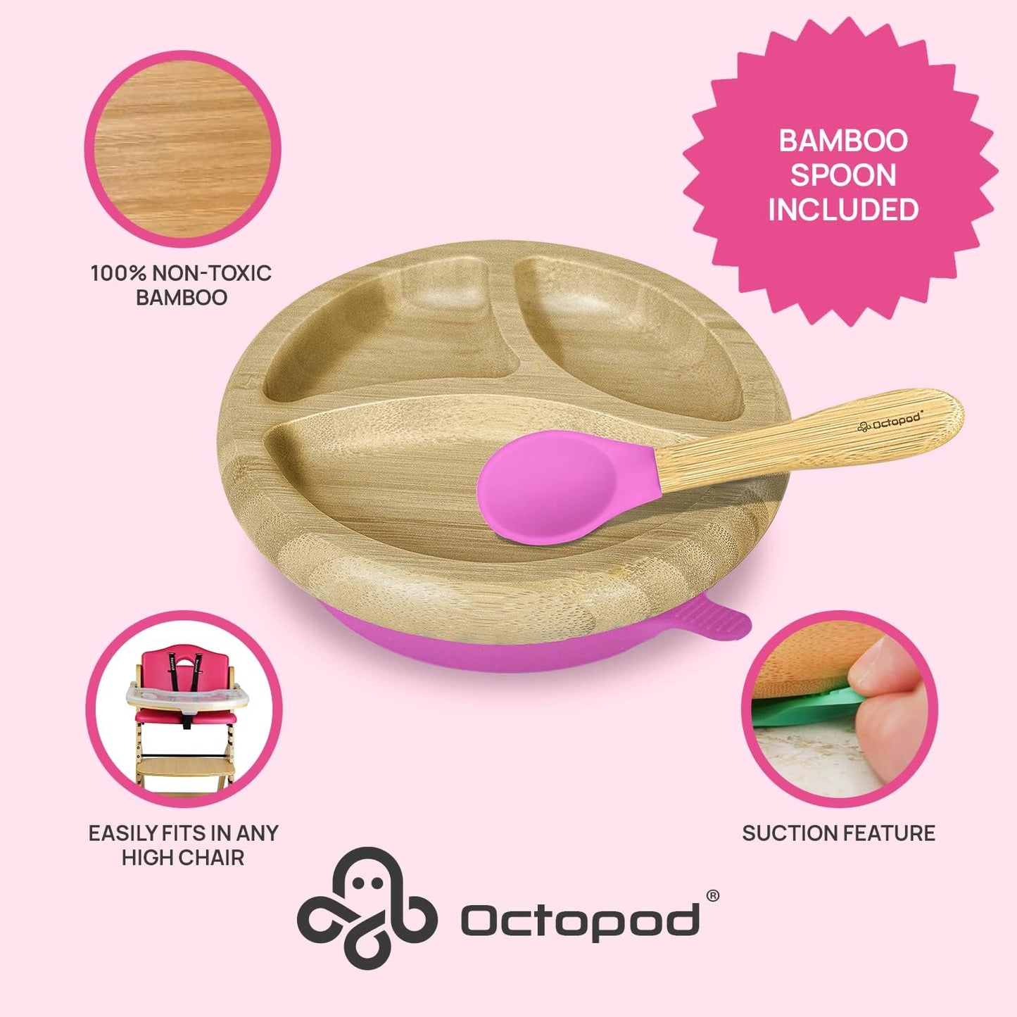 Abiie Octopod Bamboo Dish - Kids Plates for 4 months and up, 3-Compartment Baby Plates with Suction, Round Bamboo Baby Plate, Mess-Free Toddler Suction Plates, Baby Feeding Supplies, 7.5 x 7.5 x 1.9in