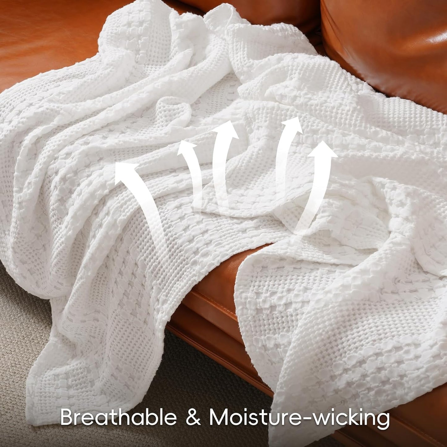 PHF 100% Cotton Waffle Weave Blanket Queen Size, Soft Lightweight Breathable Cozy Summer Blankets for Bed, Luxury Aesthetic Woven Bedding for Home Decor, 90"x90", White