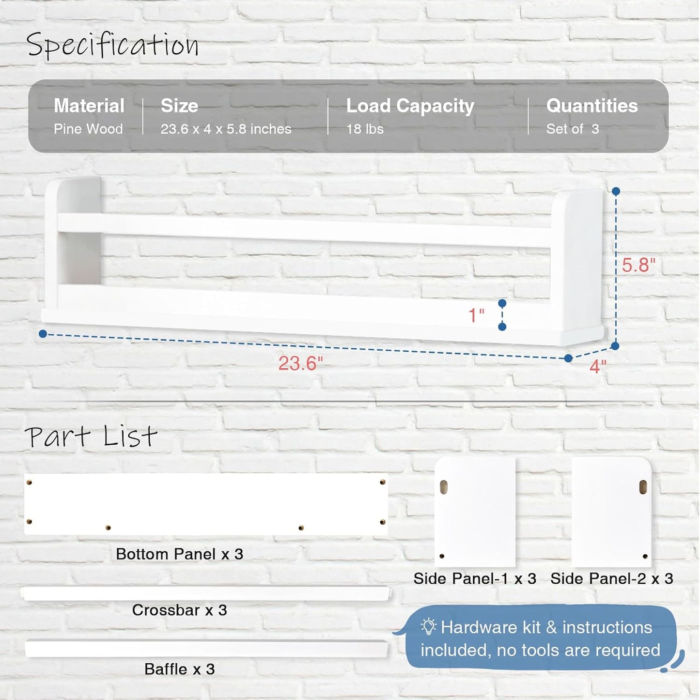 24 Inch White Wall Bookshelf for Kids Room, Floating Nursery Book Shelves Wall Mounted with Lip and Hanging Rod for Baby Girl Boy Bedroom, Large Corner Hanging Children Bookshelves -Set of 3