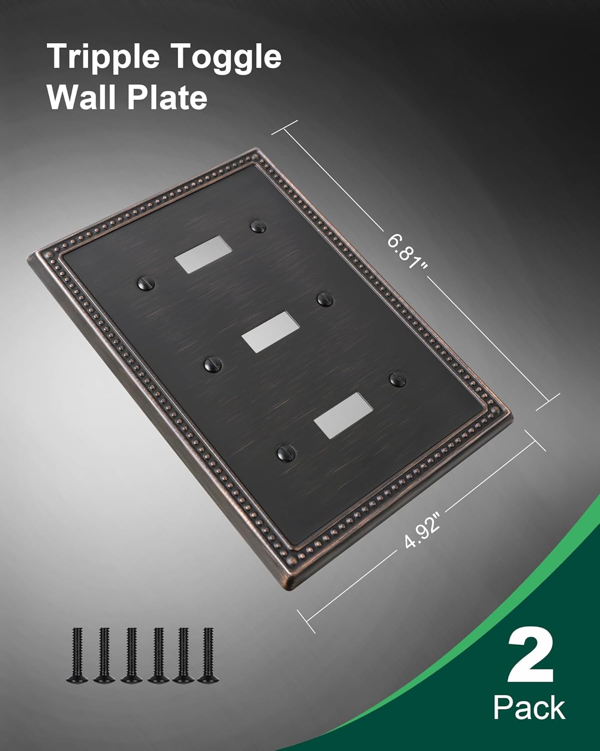 2-Pack Triple Toggle Light Switch Cover Plate, Pearls Decorative Switch Plate Covers, Aged Bronze 3 Gang Metal Wall Plate, Corrosion Resistant