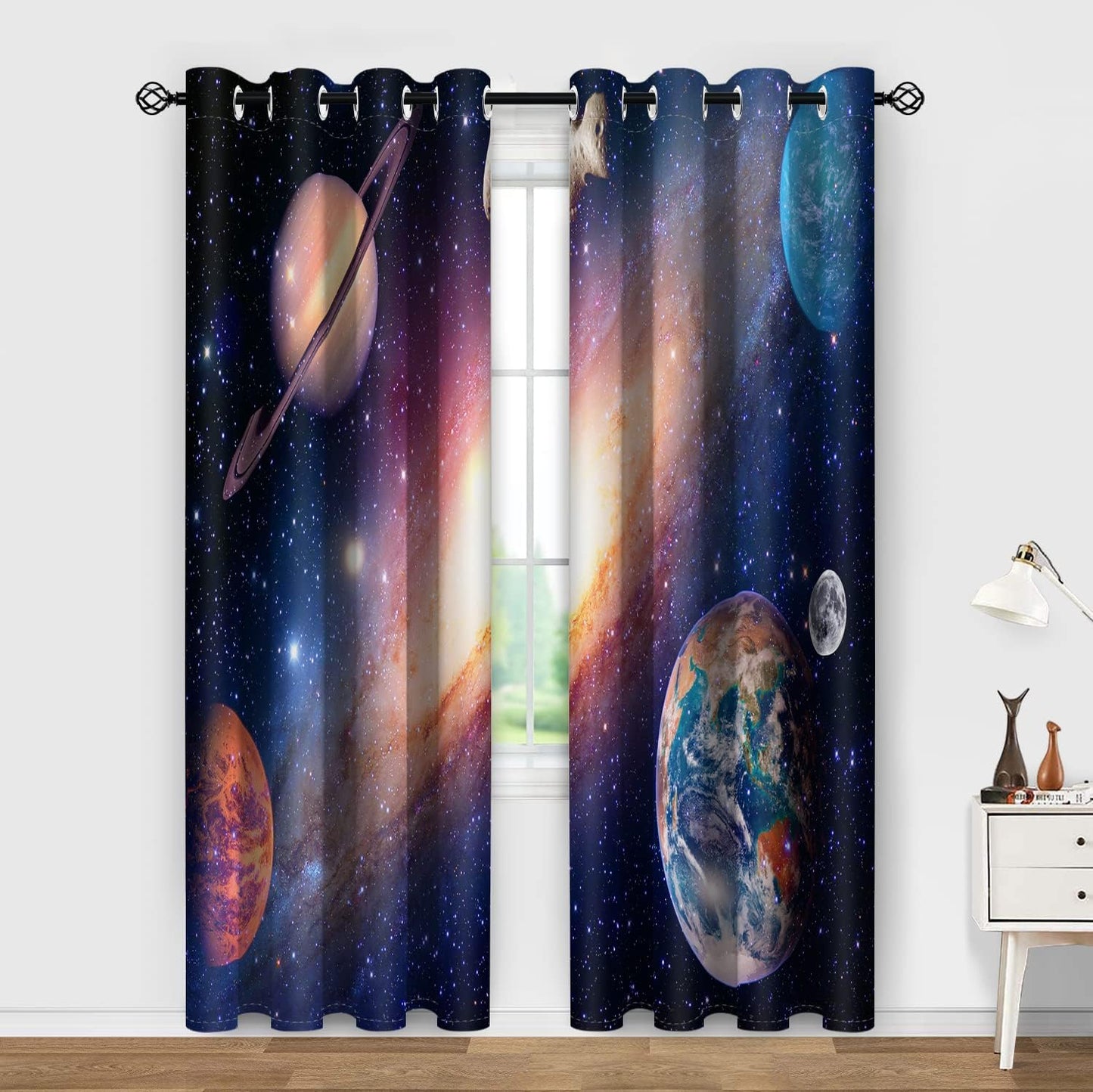 Aimego Galaxy Blackout Curtains for Boys Room - Room Darkening Curtains Outer Space Universe Nebula Starry Solar Planet Window Drapes Decor for Bedroom Living Room Grommet 2 Panel Set, 52"X63"