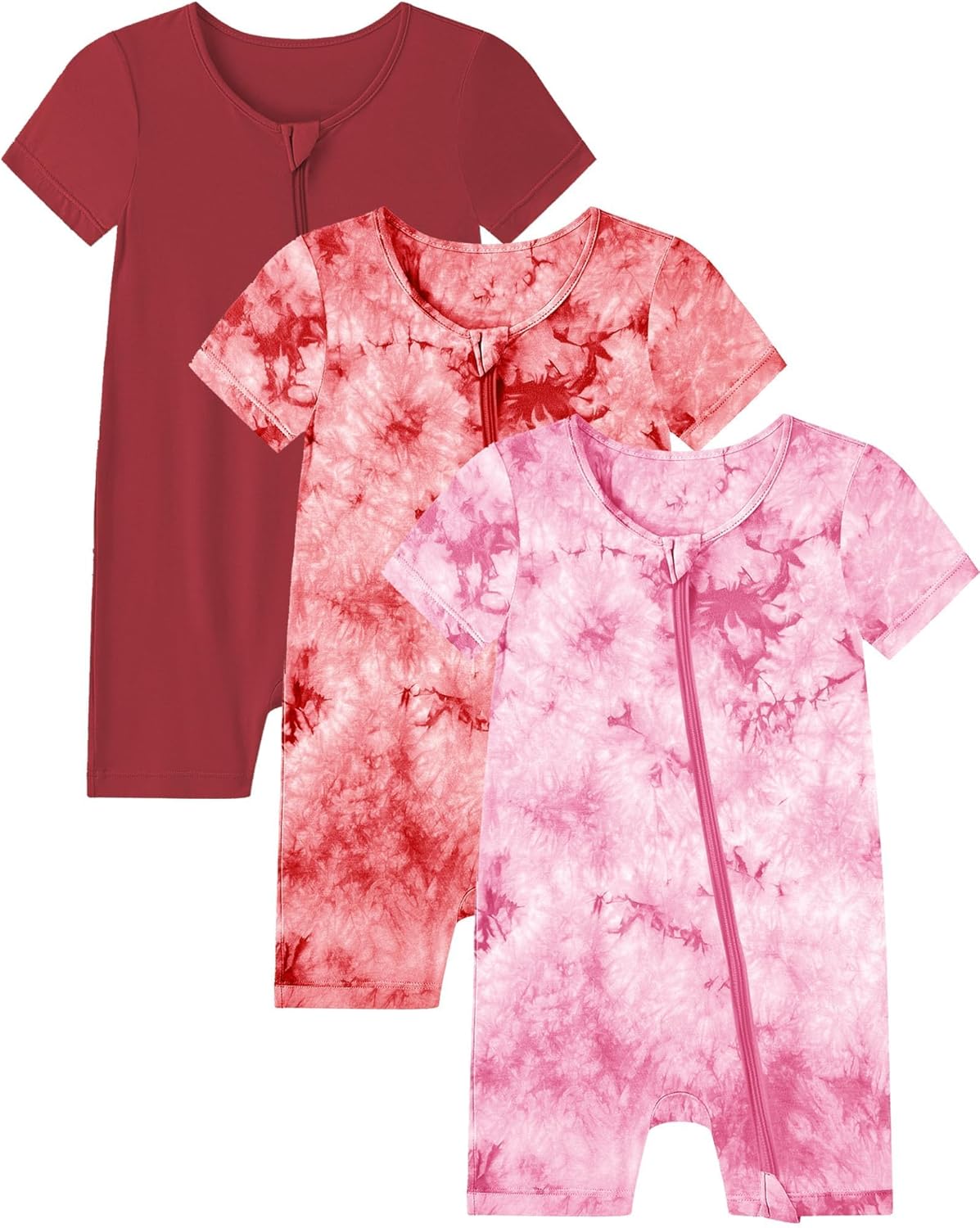 Jimonda Baby Girl Boys Rayon From Bamboo Pajamas 3 Pack Short Sleeve Footless Romper 2 Way Zipper Tie Dye Pjs Sleeper 0-24M