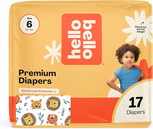Hello Bello Diapers, Size 6 (35 lbs) Wild Cats, 17 Count of Premium Disposable Baby Diapers, Hypoallergenic with Soft, Cloth-Like Feel