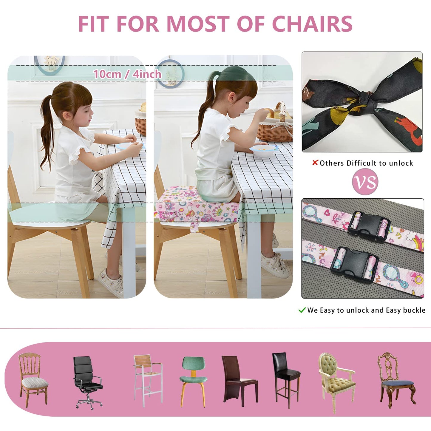 Toddler Booster Seat for Dining Table,4 Inches Washable Double Safer Straps Non-Slip Bottom Booster Seat for Kids, Portable Travel High Density Sponge Detachable Increasing Cushion for Child...