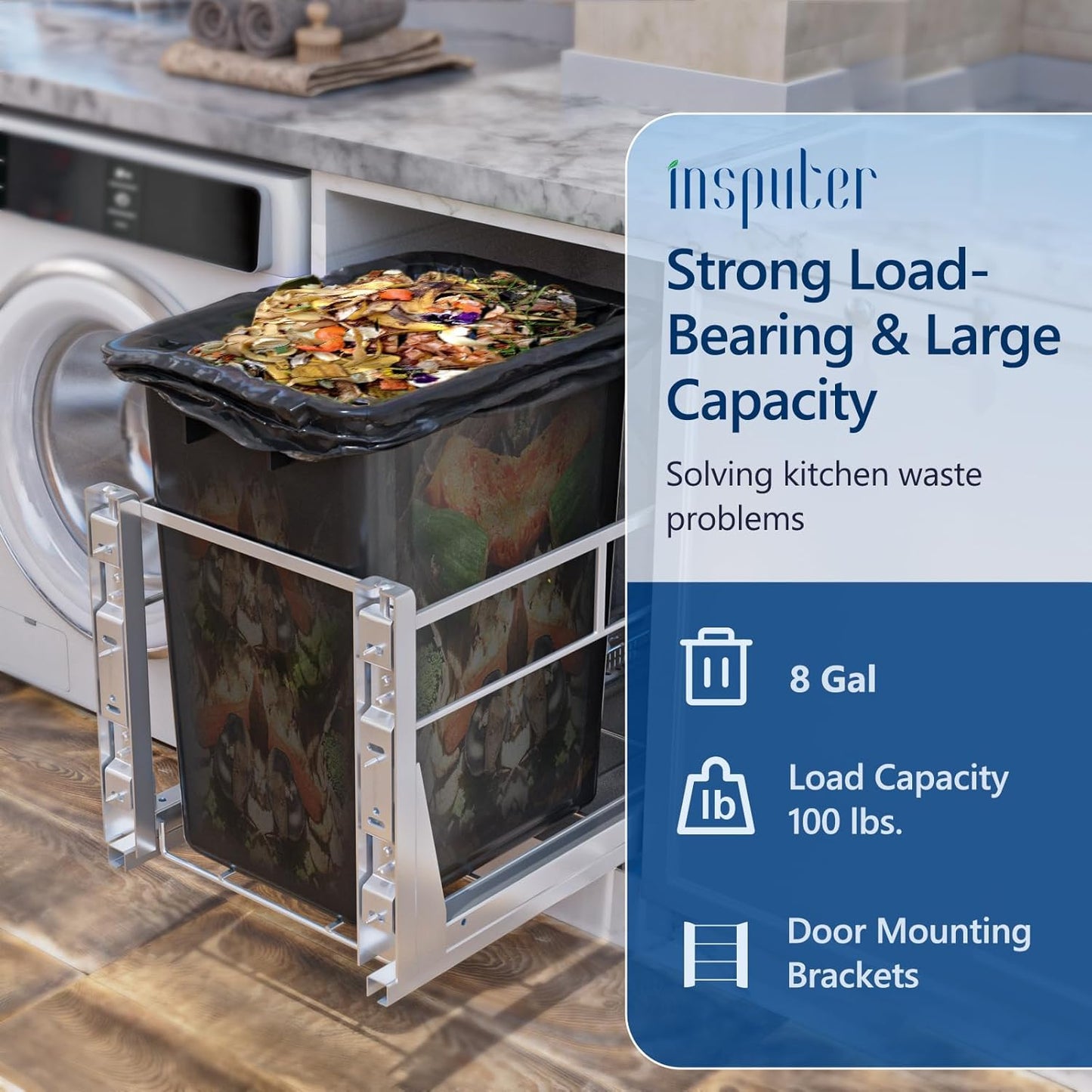 Insputer 8 Gal Pull Out Trash Can Under Cabinet, Heavy Duty Under Sink Garbage Can Kit with Soft-Close Slides for Kitchen, Laundry, Requires Minimum Cabinets Opening 12" W X 18" D