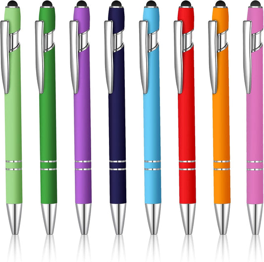 8 Pieces Ballpoint Pen with Stylus Tip Black Ink 2 in 1 Stylus Metal 1.0 mm Medium Point Smooth Pen Rainbow Colorful Rubberized Ballpoint for Touch Screen Tablet(Rainbow Color)