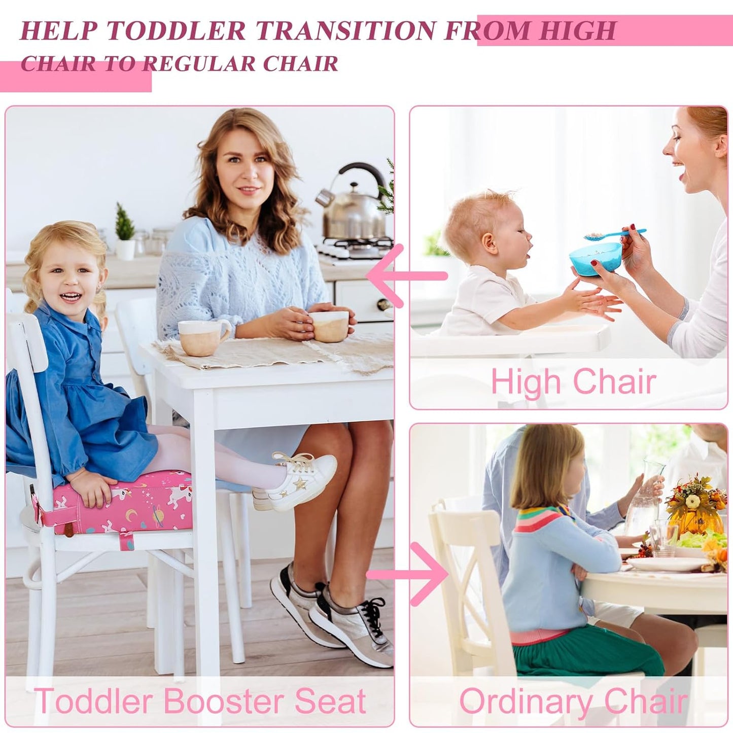 Toddler Booster Seat for Dining Table, Stronger Support Booster Seat for Table Washable 2 Safer Straps Non-Slip Bottom Portable for Kids Baby Increasing Cushion for Travel Home