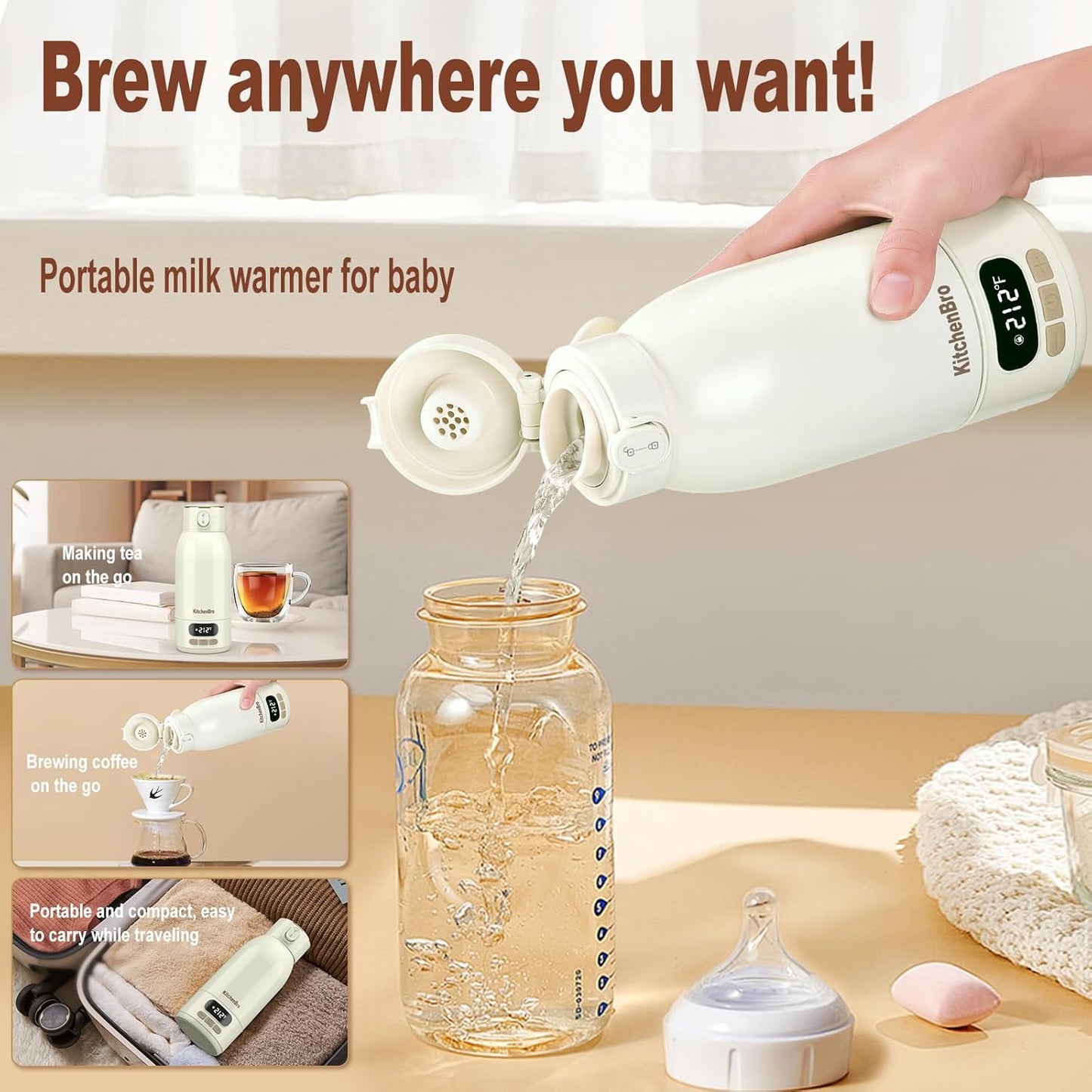 Portable Bottle Warmer for Travel-Various Heating Modes for Breast Milk& Water&Tea. 17 Ounces Large Capacity Portable Milk Warmer for Baby,Fast Heating Speed and Long Battery Life with High Capacity