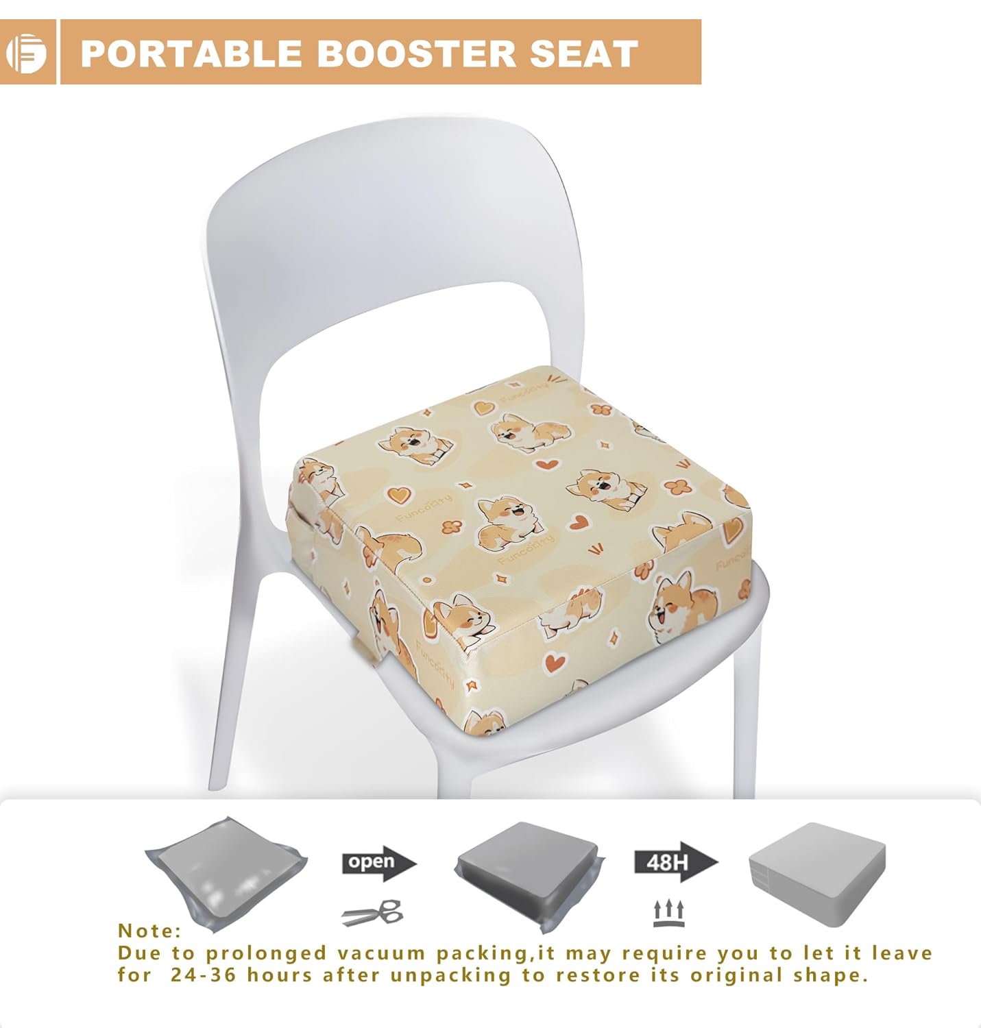 Toddler Booster Seat for Dining Table, Portable Booster Seat for Kitchen Chair, 4 Inch High-Density Foam Cushion with Adjustable Safety Straps and Non-Slip Bottom, Perfect for Kids Travel and Daily