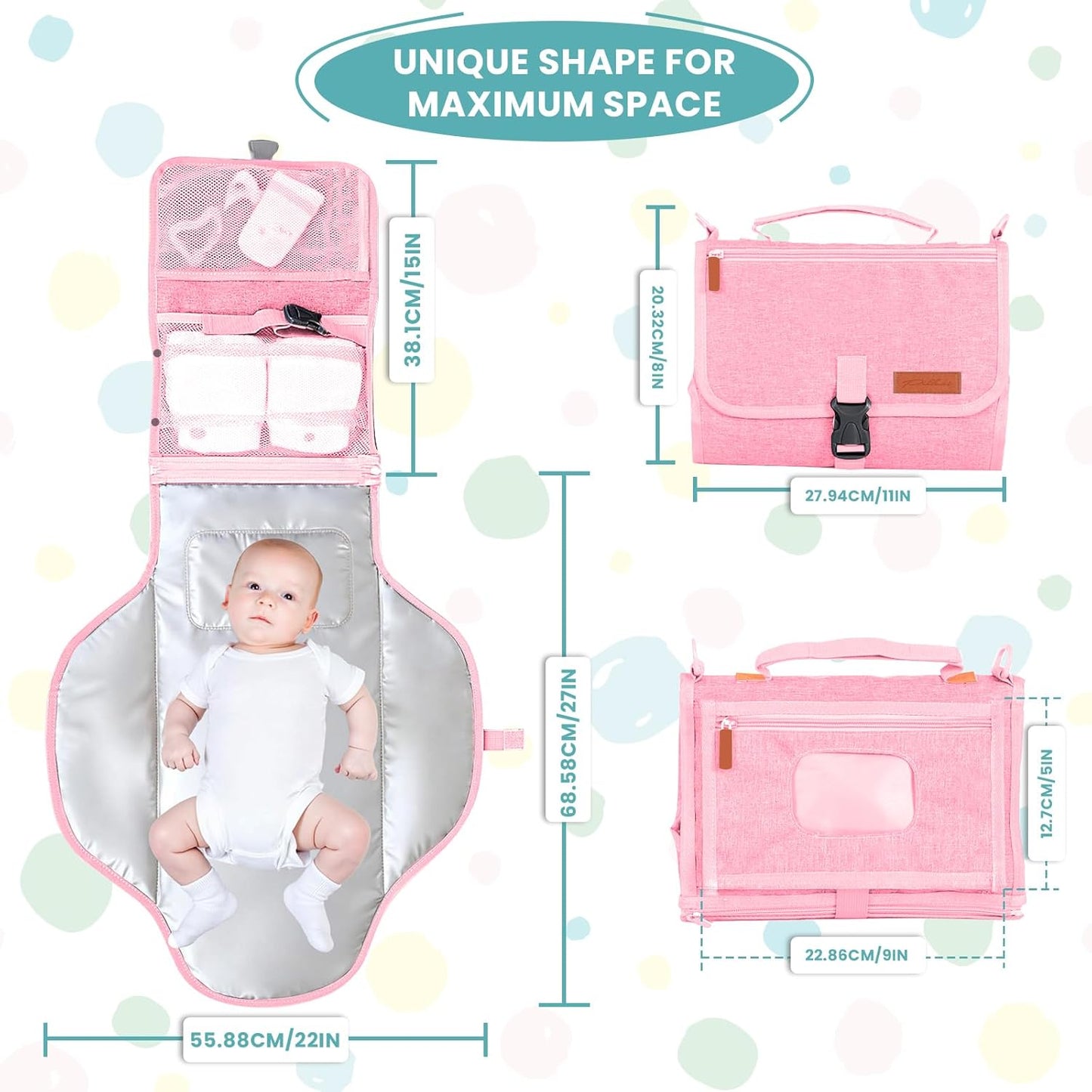 Portable Diaper Changing Pad - Baby Diaper Changer Travel Bag with Wipes Pocket, Smart Design Portable Changing Mat, Infant Travel Station Kit, Gift for Newborn Girl & Boy (Pink)