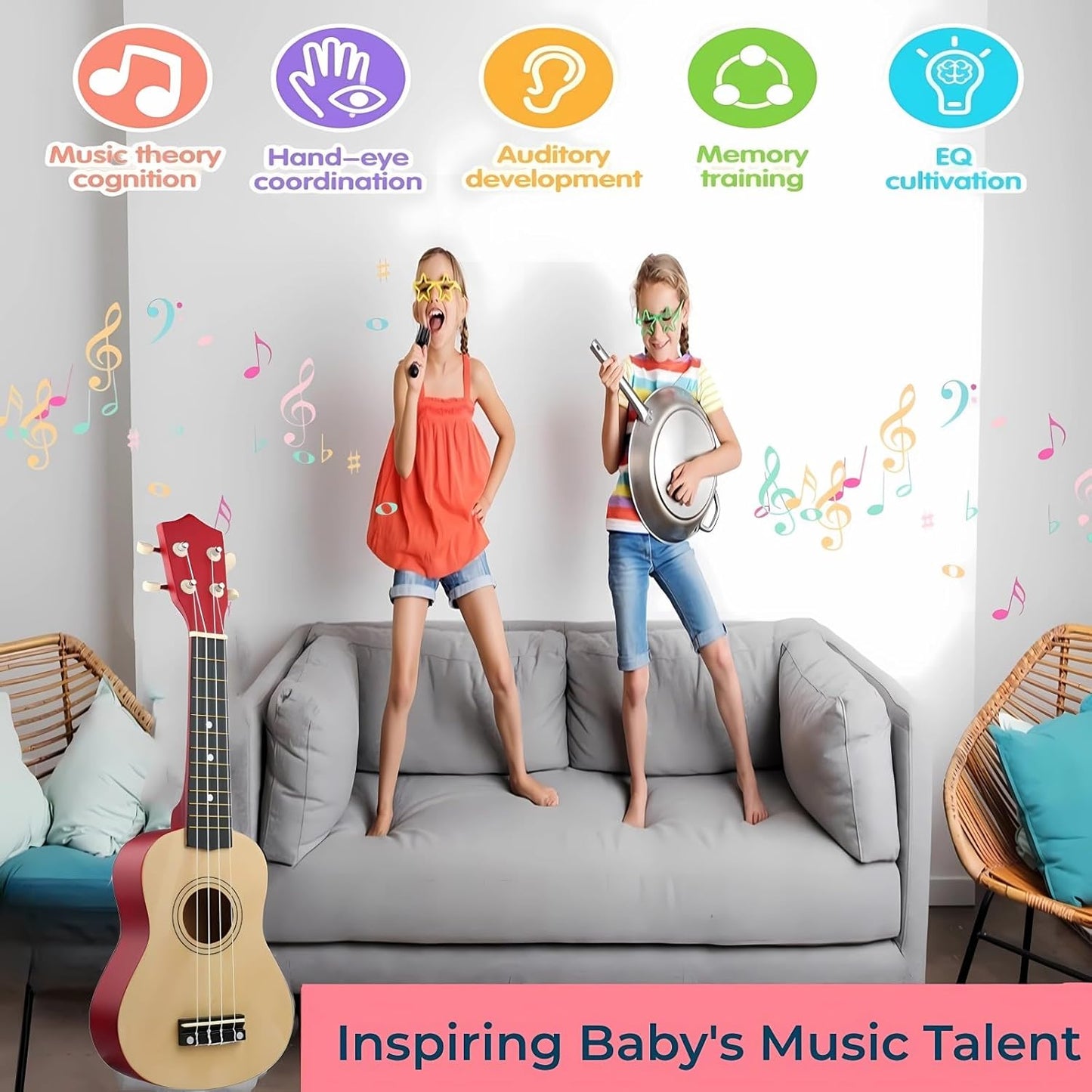 21 Inch Wooden Kids Toddler Child Children Acoustic Guitar Musical Instruments Ideal for 3-9 Year Old Boys Girls Gifts (Burlywood)