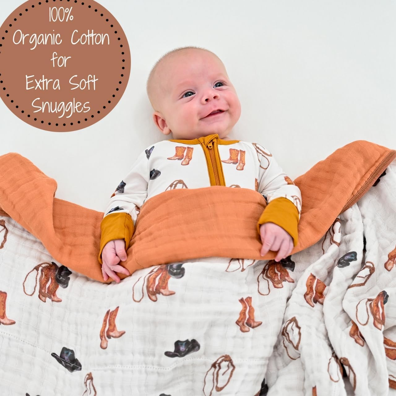 LollyBanks Muslin Baby Blanket 100% Organic Cotton, Muslin Quilt Lightweight, Toddler Blanket for Boys, 6 Layers Baby Blankets 47"x 47", Nursery Receiving Blankets Baby Essentials (Cowboy Print)