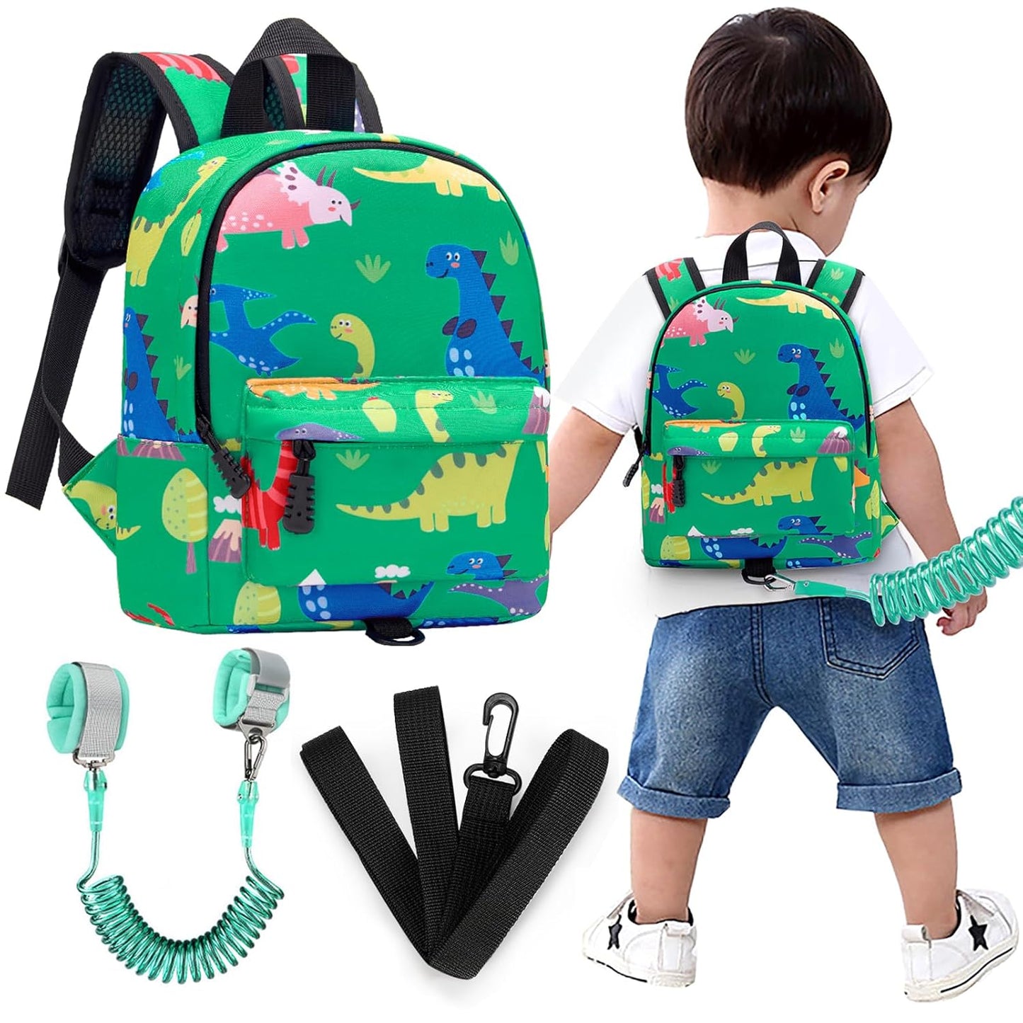 Accmor Toddler Backpack Leash with Anti Lost Wrist Link, Cute Mini Child Walking Harnesses Keep Kids Close Back Pack Rope Tether Rein for Baby Boys (Green/Dino)