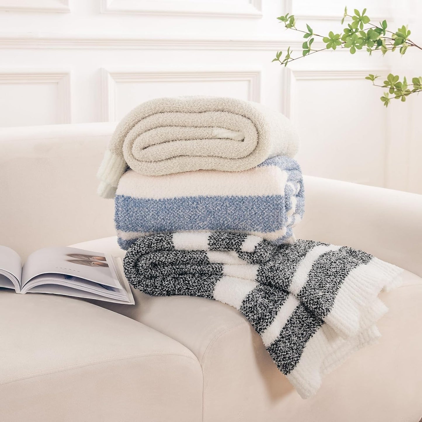 NEXHOME PRO Stripe Cozy Blanket, Knit Fuzzy Throw Blanket for Couch Bed Sofa Picnic, Ultra Soft Blankets for Women Gifts Blue 50 x 60 inches