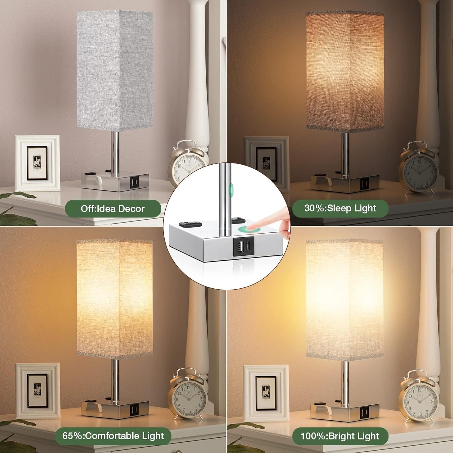 aooshine Gray Set of 2 Touch Lamps with USB Port Nightstand Lamp with USB-C+A Charge Ports & AC Outlets, 3-Way Dimmable Bedside Lamp, Small for Bedroom Living Room (Bulb Included)