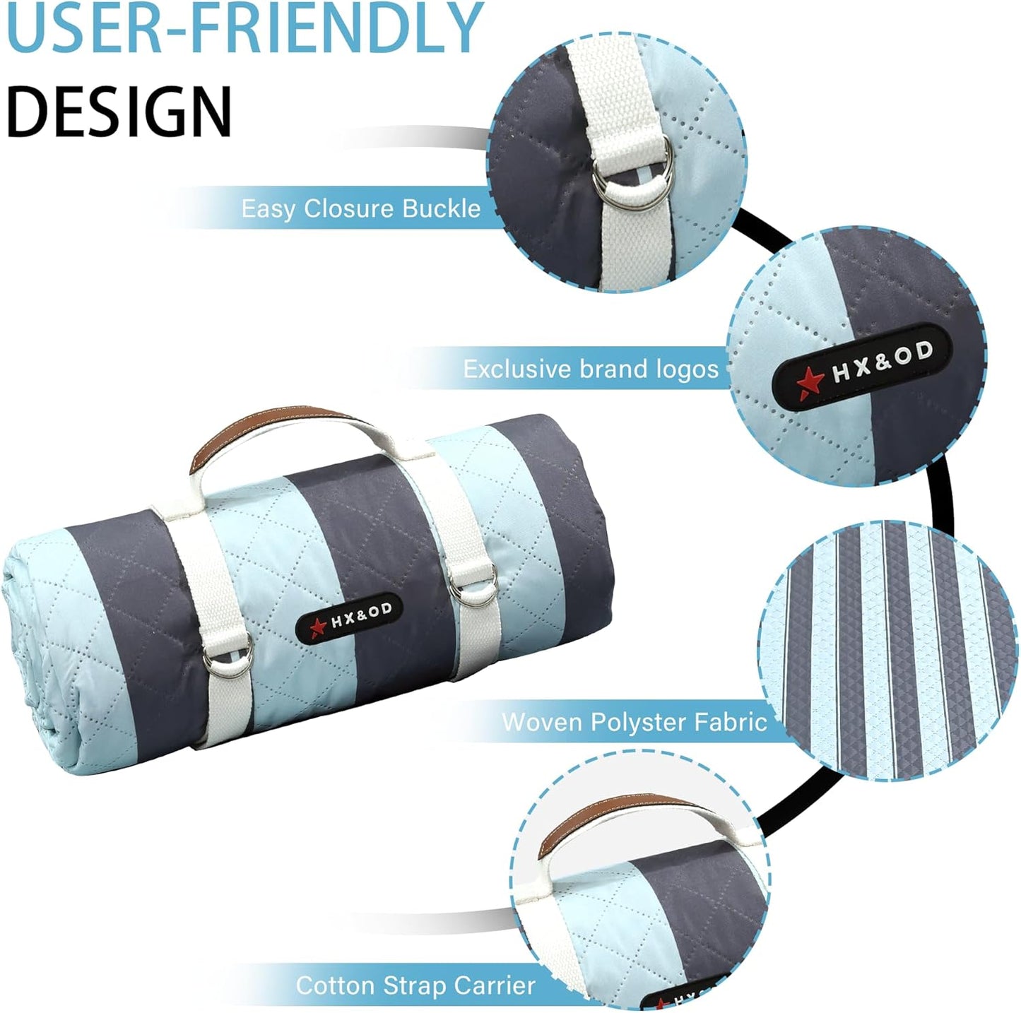 HX&OD Outdoor Picnic Blanket Extra Large, 80''*80'' Waterproof Picnic Mat with Stakes Foldable Camping Blanket Portable with Carry Strap for Beach Mat (Grey& Green, 80''*80'')