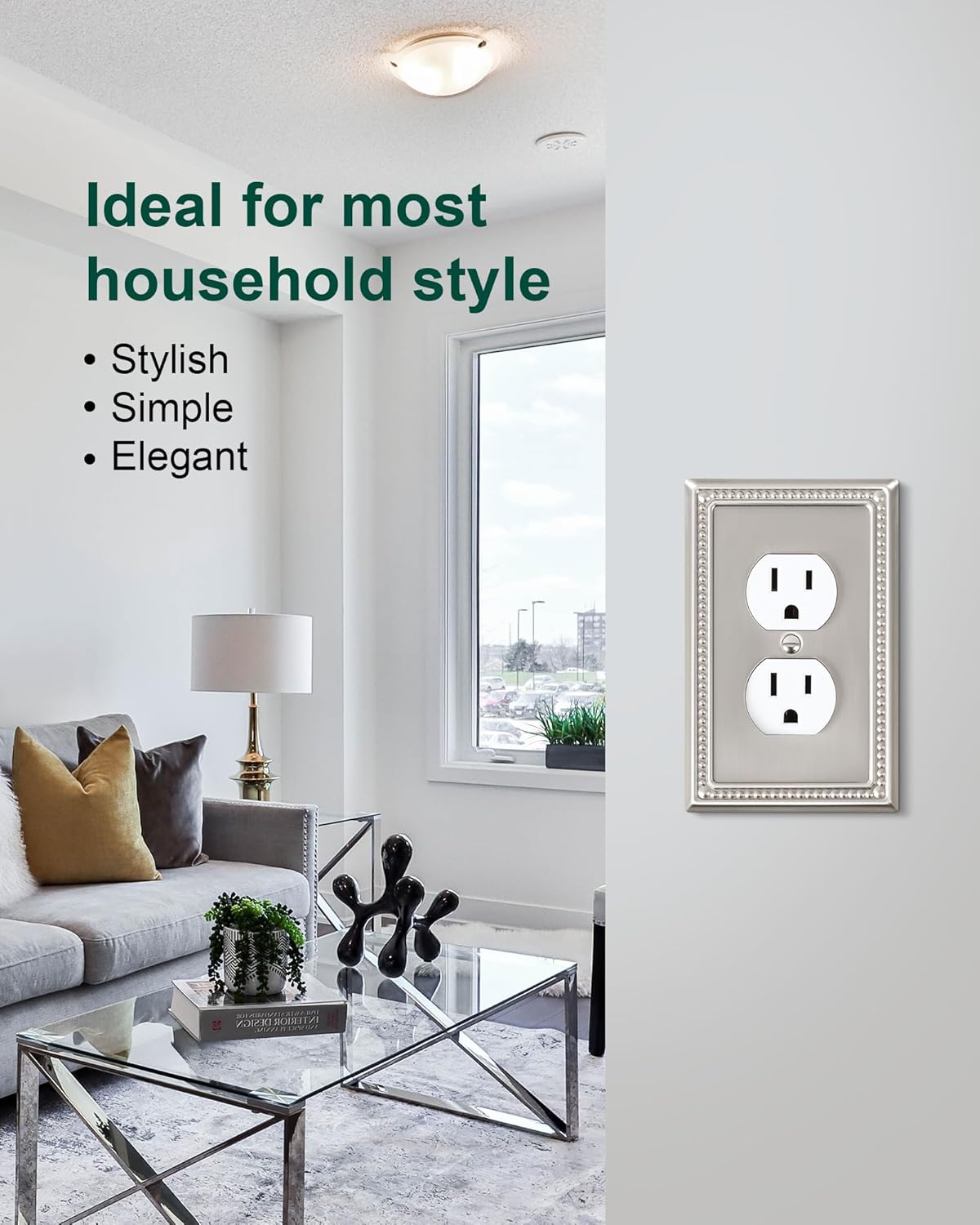 2-Pack Duplex Outlet Cover Plate, Metal Wall Plates for Electrical Outlets, Brushed Nickel 1 Gang Receptacle Cover, Pearls Decorative Switch Plates and Outlet Covers