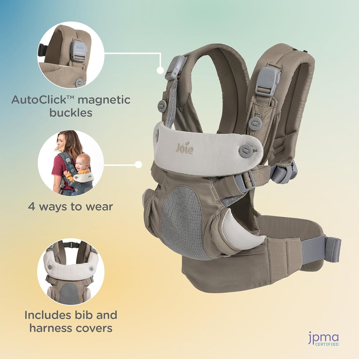 Joie Savvy Baby Carrier – Ergonomic, Adjustable Baby Carrier with 4 Carry Positions, Padded Shoulder Straps and Lumbar Support (Sandstone)