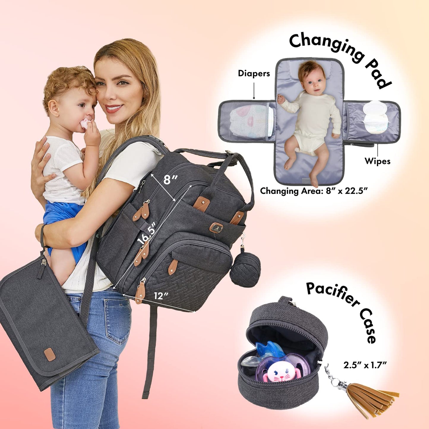 Dikaslon Diaper Bag Backpack with Portable Changing Pad, Pacifier Case and Stroller Straps, Large Unisex Baby Bags for Boys Girls, Multipurpose Travel Back Pack for Moms Dads, Dark Gray
