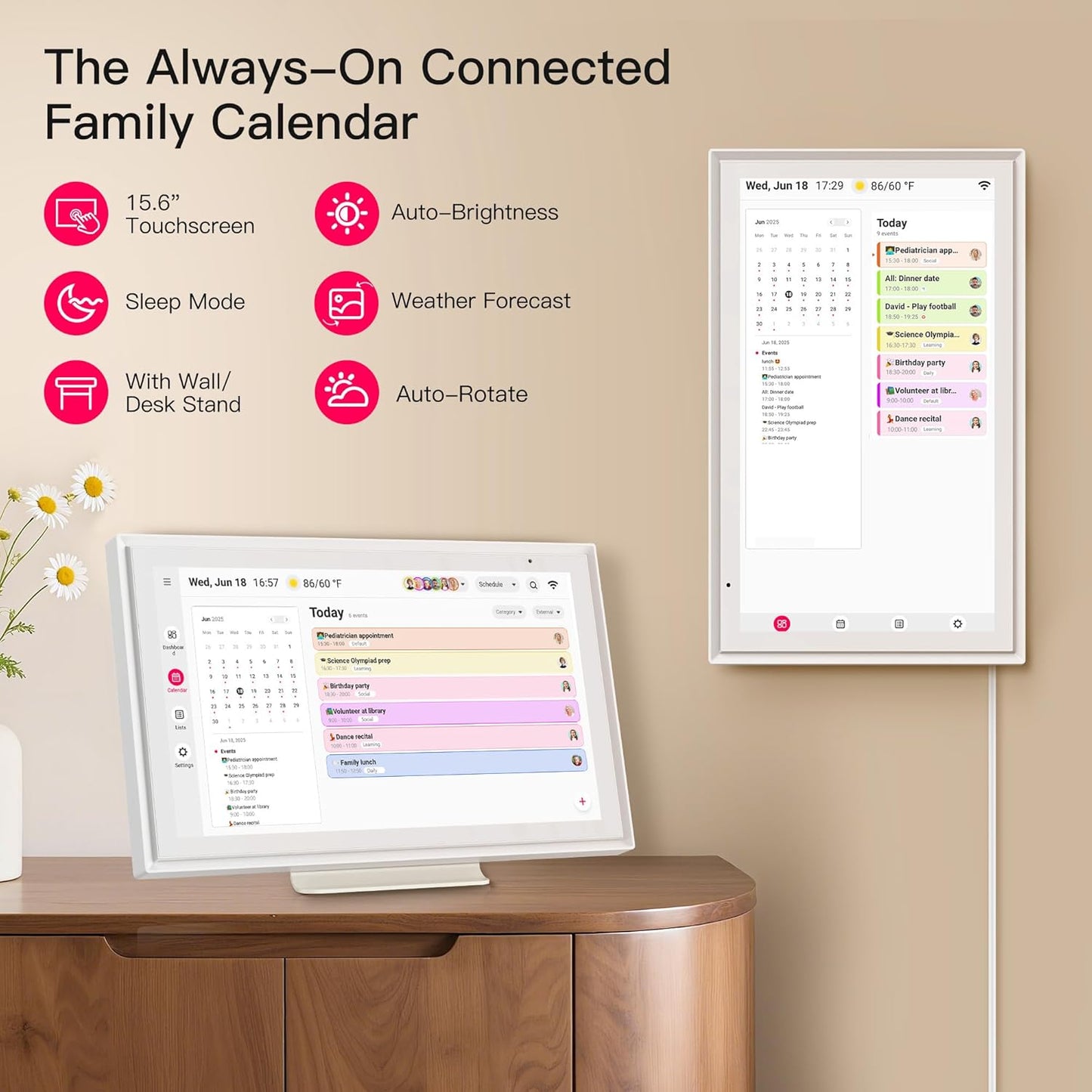 15.6 Inch Digital Calendar, Full HD Touchscreen Smart Planner for Family Schedules - Wall & Desk Mount, Great for Seamless Daily Planning & Household Organization, with LED Reminder Light
