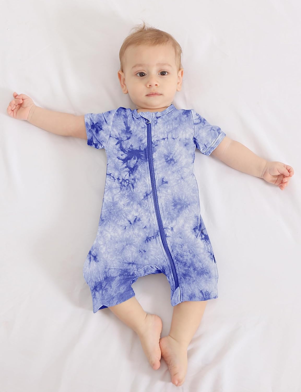 Jimonda Baby Girl Boys Rayon From Bamboo Pajamas 3 Pack Short Sleeve Footless Romper 2 Way Zipper Tie Dye Pjs Sleeper 0-24M
