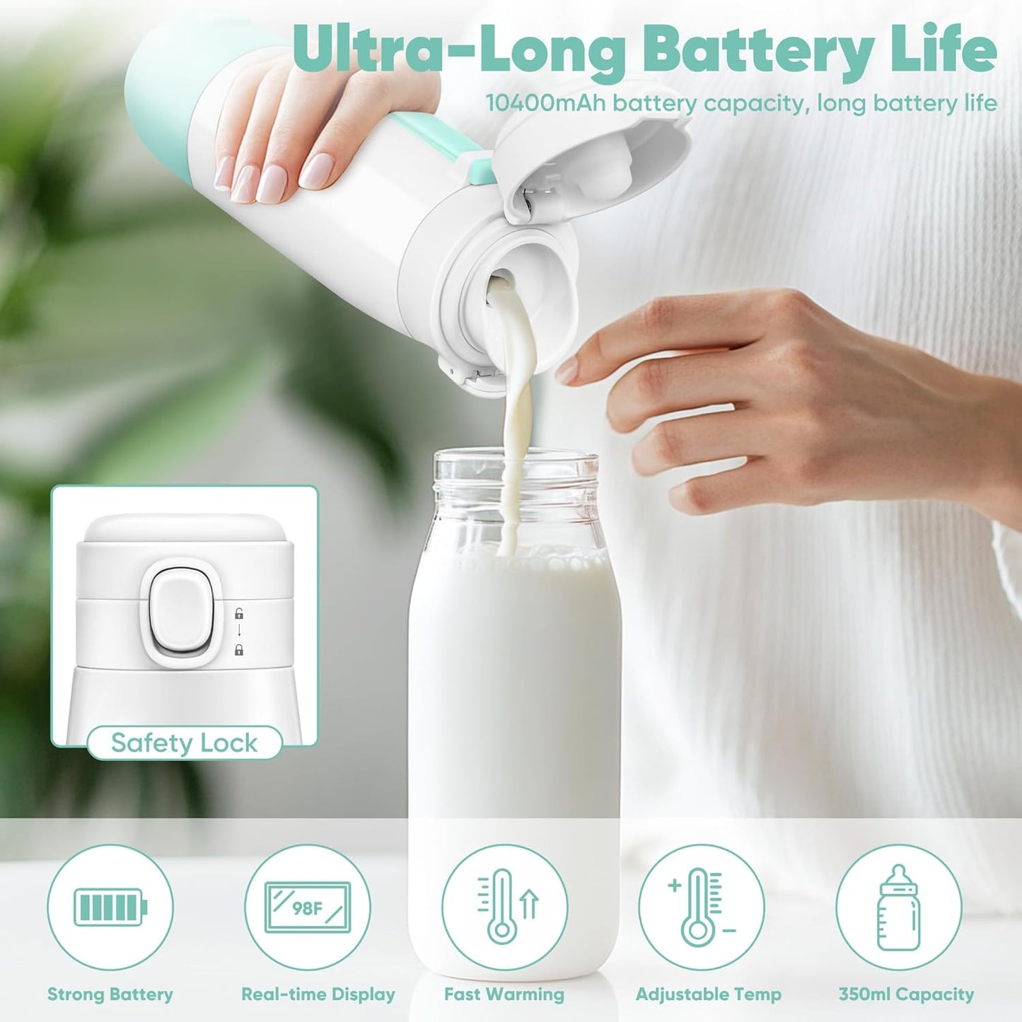 Portable Bottle Warmer for Travel,Portable Milk Warmer for Baby-12oz Ceramic Heater Heating,Fast Charging & Cordless Portable Baby Bottle Warmer -Dual Heating Modes for Breast Milk & Water,Green