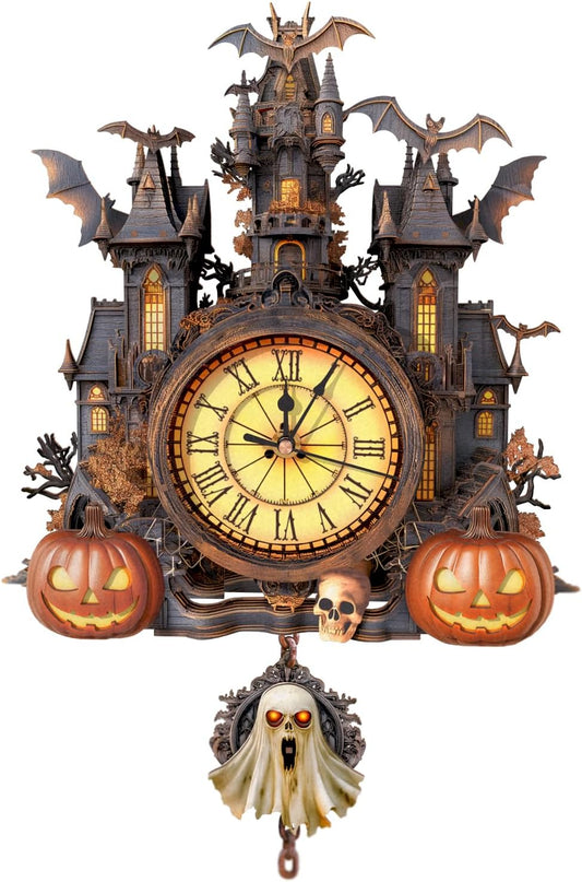 3D Puzzles for Adults Clock-Halloween Cottage Design Model Kit-Mechanical DIY Pendulum Clock with Roman Numerals-Desk Home Office Decor Personalized Gift for DIY Lovers