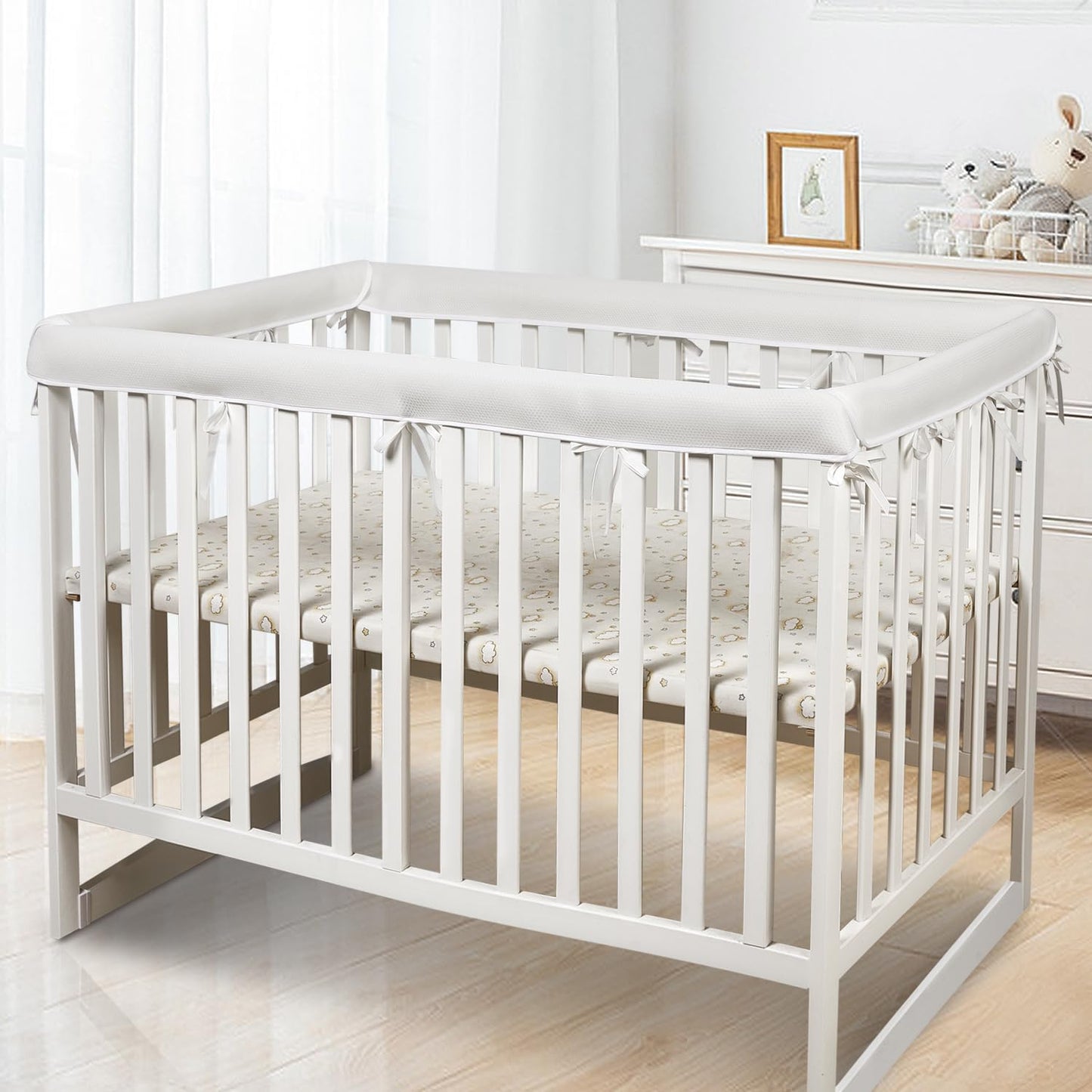 3 in 1 Breathable Crib Rail Covers for Life Size Cribs,White Soft Anti-Collision Strip Corner Covers,Protect Baby Teeth and Save Crib Rails, Rail Edge Protector Strip (White-4pc)