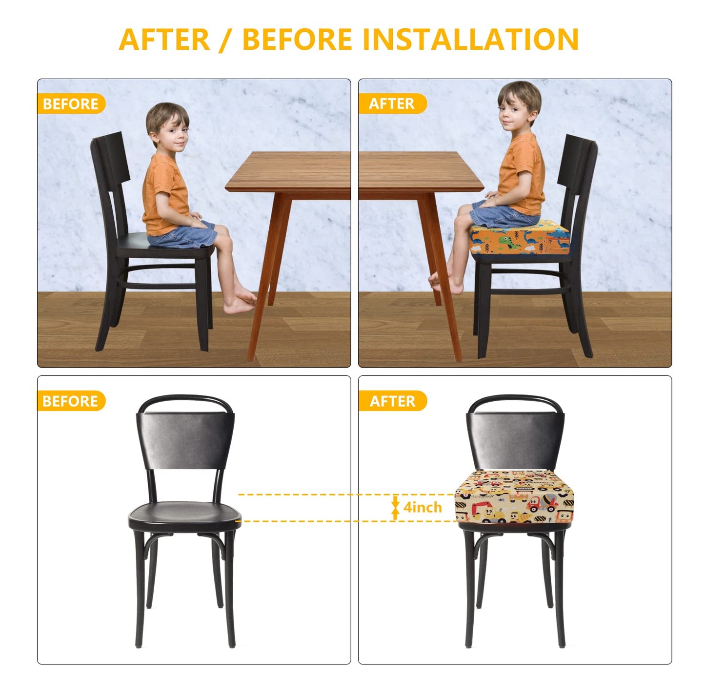 Toddler Booster Seat for Dining Table,4 Inches Washable Double Safer Straps Non-Slip Bottom Booster Seat Dining for Kids, Portable Travel High Density Sponge Detachable Increasing Cushion for Child