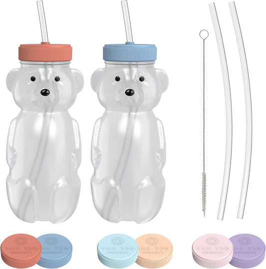 Honey Bear Straw Cup for Babies, 2-Pack Honey Bear Bottle with Travel Lid, Therapy Learning Honeybear Straw Cup, Baby Bottle Set, 8 oz, Blueberry Pie & Firetruck