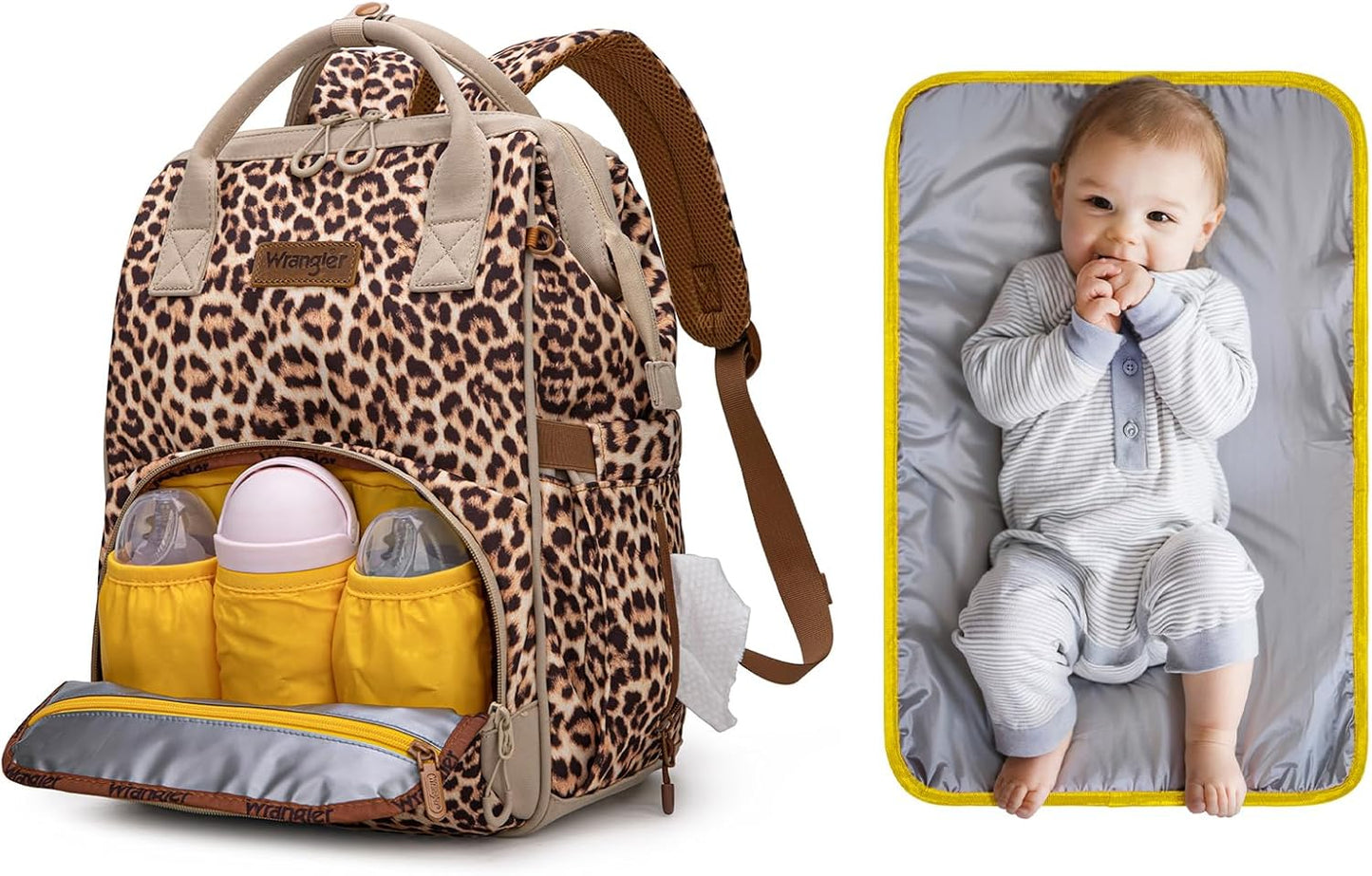 Wrangler Leopard Print Backpack Multifunction Baby Travel Bag with Changing Pad, Stroller Straps and Pacifier Case WG2204-91103LP-BR