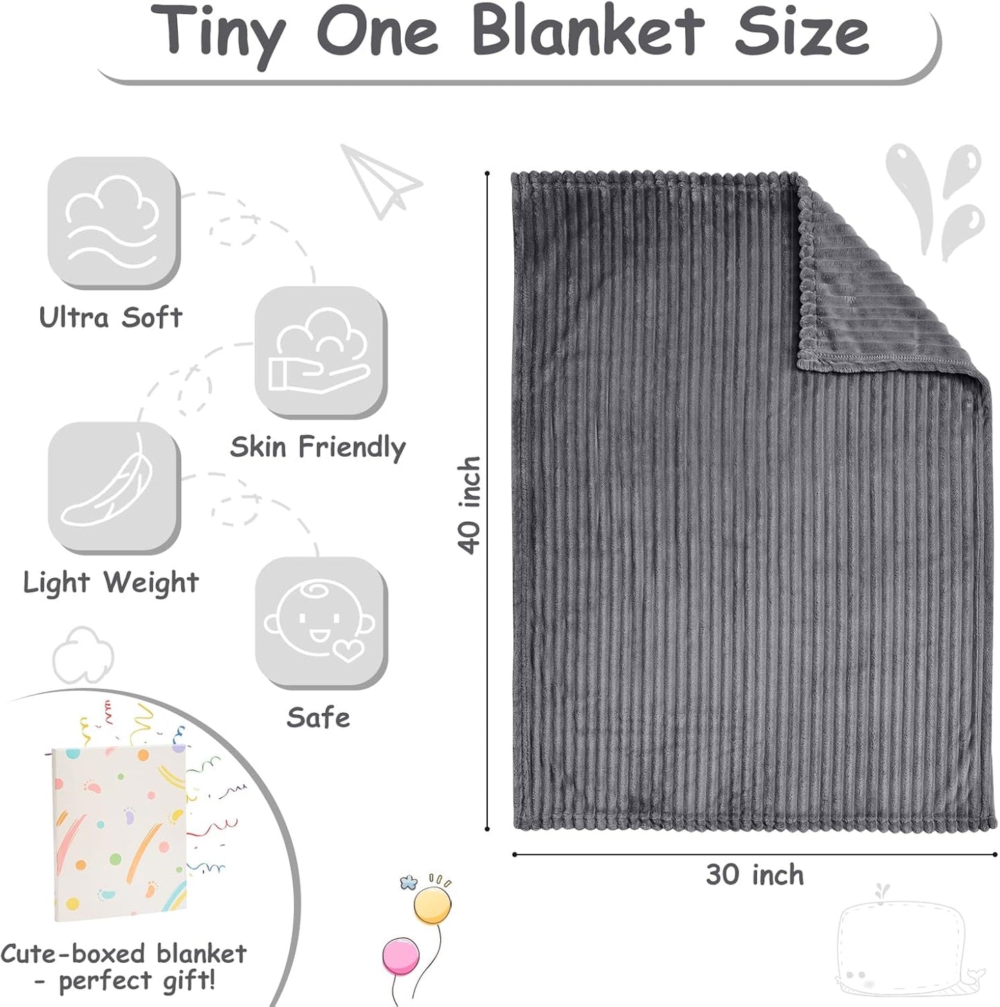 Soft Fleece Baby Blanket Ultra Cozy Grey Baby Blankets for Boys Warm and Lightweight Infant Toddler Newborn Receiving Gift with Reversible Stripes for Crib Stroller, 30x40 Inch, Dark Grey