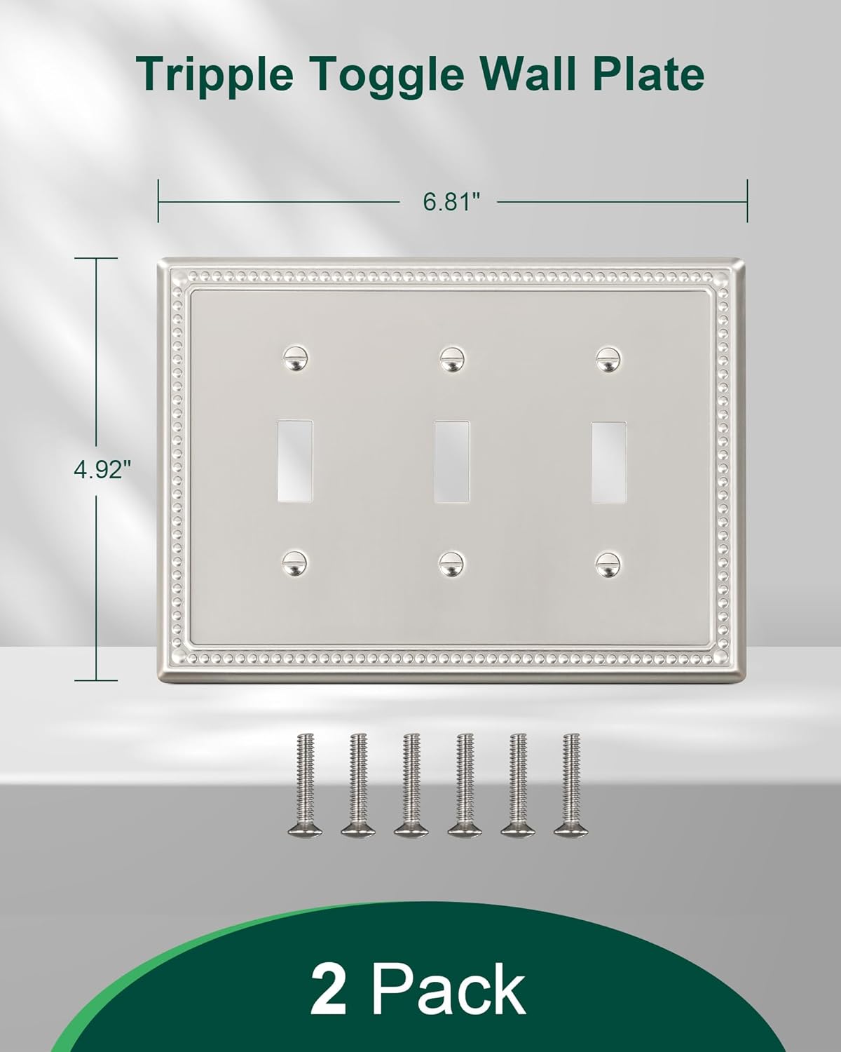 2-Pack Triple Toggle Light Switch Cover Plate, Pearls Decorative Switch Plate Covers, Brushed Nickel 3 Gang Metal Wall Plate
