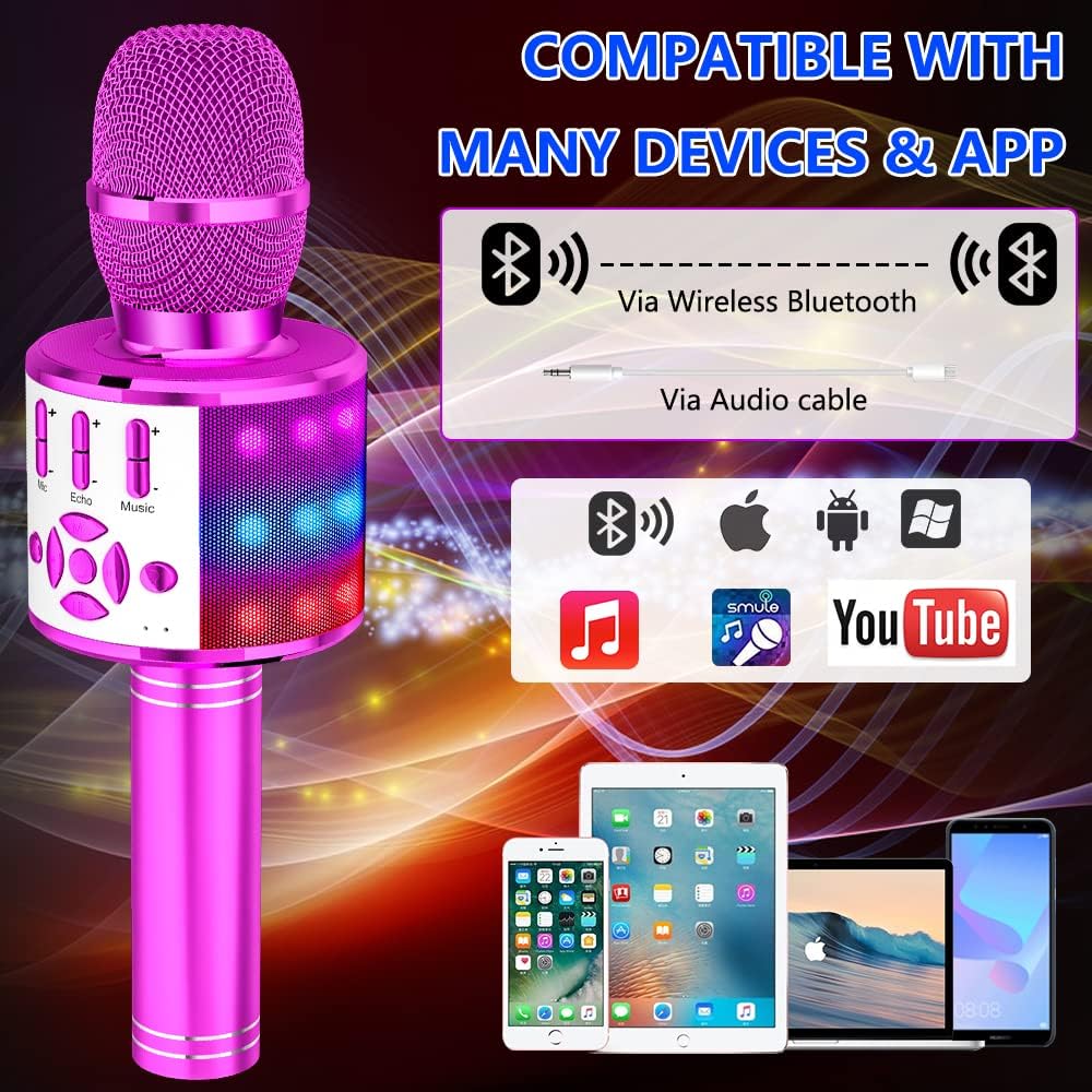 Amazmic Kids Karaoke Microphone Machine Toy Bluetooth Microphone Portable Wireless Karaoke Machine Handheld with LED Lights, Gift for Children Adults Birthday Party, Home KTV(Purple)