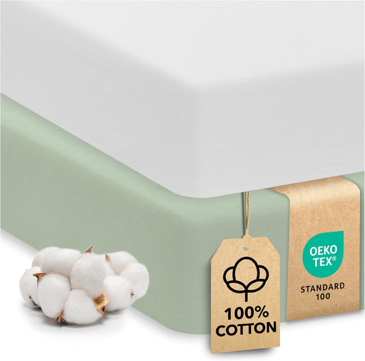 Sweety Fox 2-Pack Crib Sheets - Soft Cotton Jersey Fitted Sheets for Boys and Girls, Mini Crib Sheets, Toddler Bed Sheets (White/Sage)