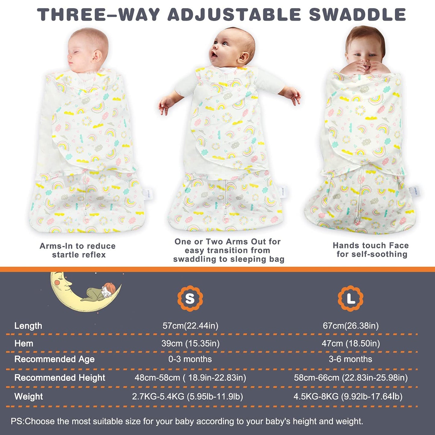 Swaddle-Blanket Baby Girl & Boy Swaddles Newborn Infant Transition 100% Cotton Wrap Blankets, 3-Way Adjustable Wearable Blanket, TOG 1.0 (Rainbow 0-3 Month)
