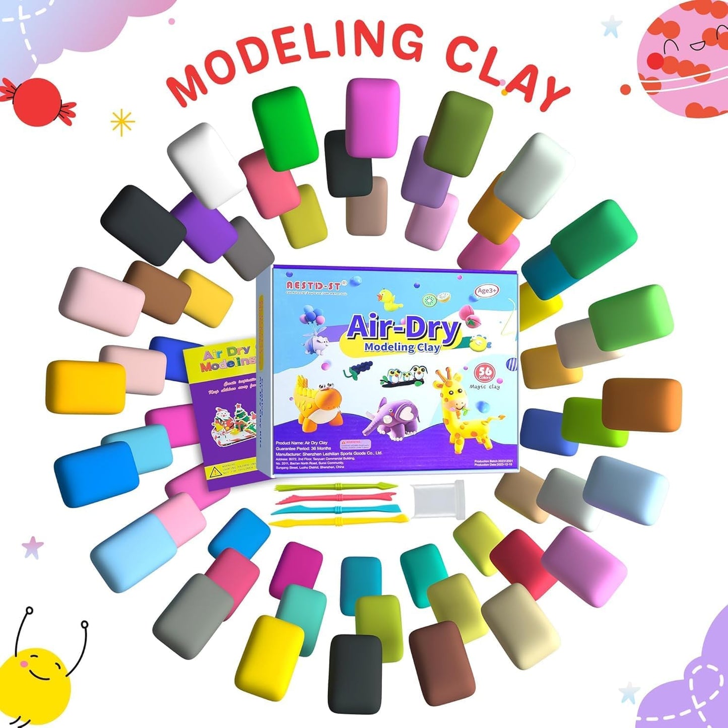 Air Dry Clay 56 Colors, Modeling Clay for Kids, DIY Model Magic Clay, Molding Clay Kit with Sculpting Tools, Non-Sticky Soft and Super Light, Arts and Crafts Gift for Boys Girls Kids.
