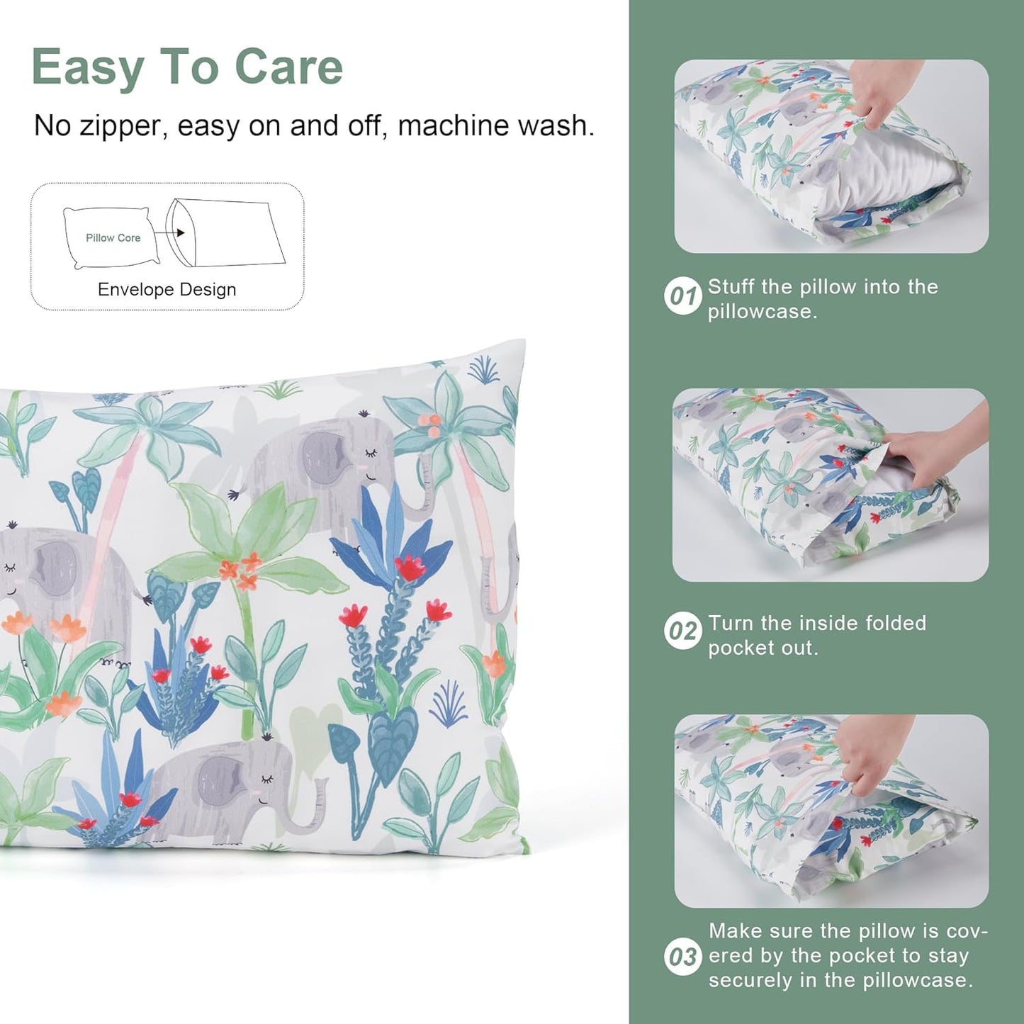 TILLYOU Toddler Pillowcases 13 x 18 Travel Pillow Case 2 Pack, Kids Pillowcases Machine Washable with Envelope Closure, Rainforest Elephant & Grey