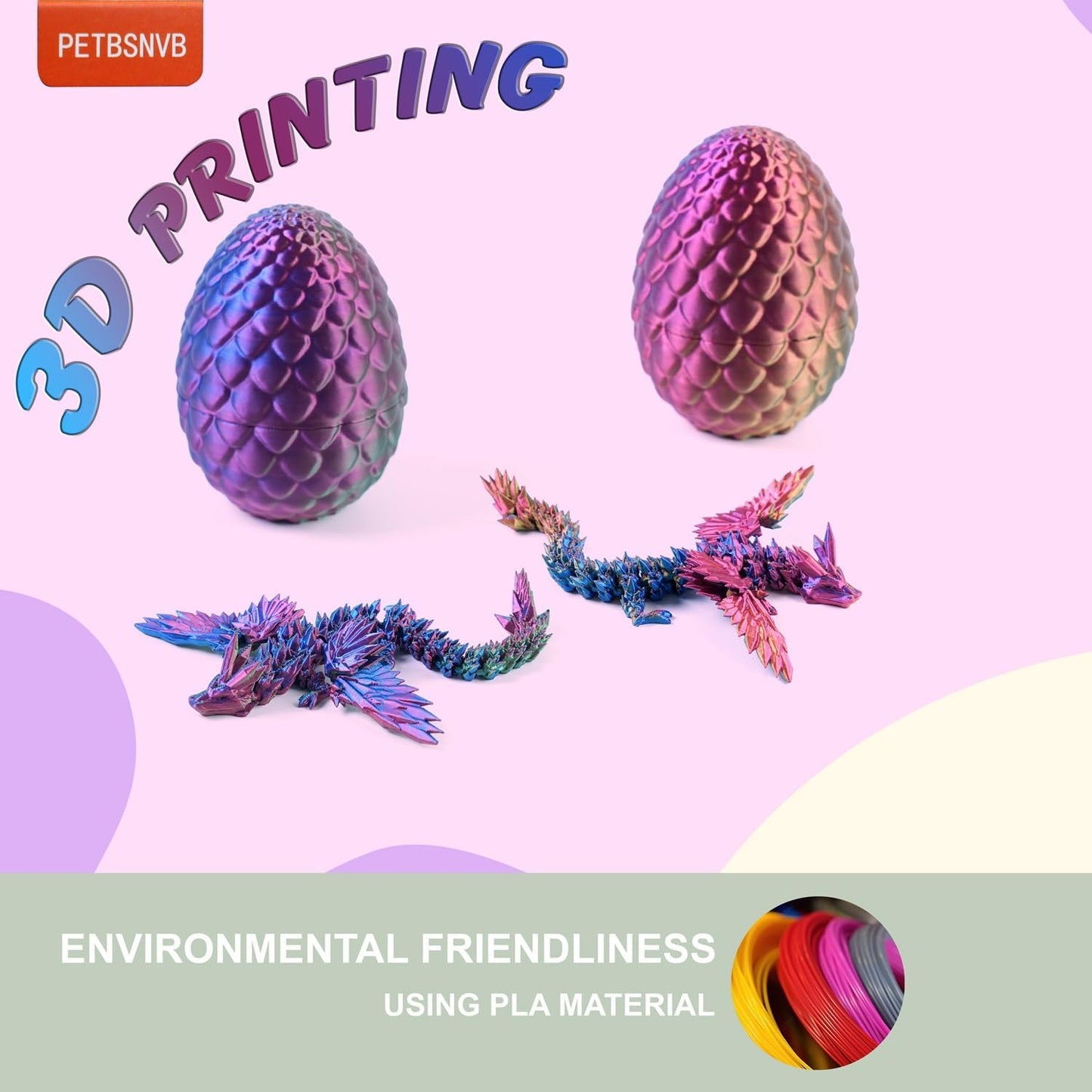 3 Colors 7" 3D Printed Dragon with Wings in Egg, Easter Basket Stuffers, Crystal Dragon Surprise in Eggs, Articulated Dragon, Dragon Fidget Toy, Home Office Decor Executive Desk Toy (Brown)