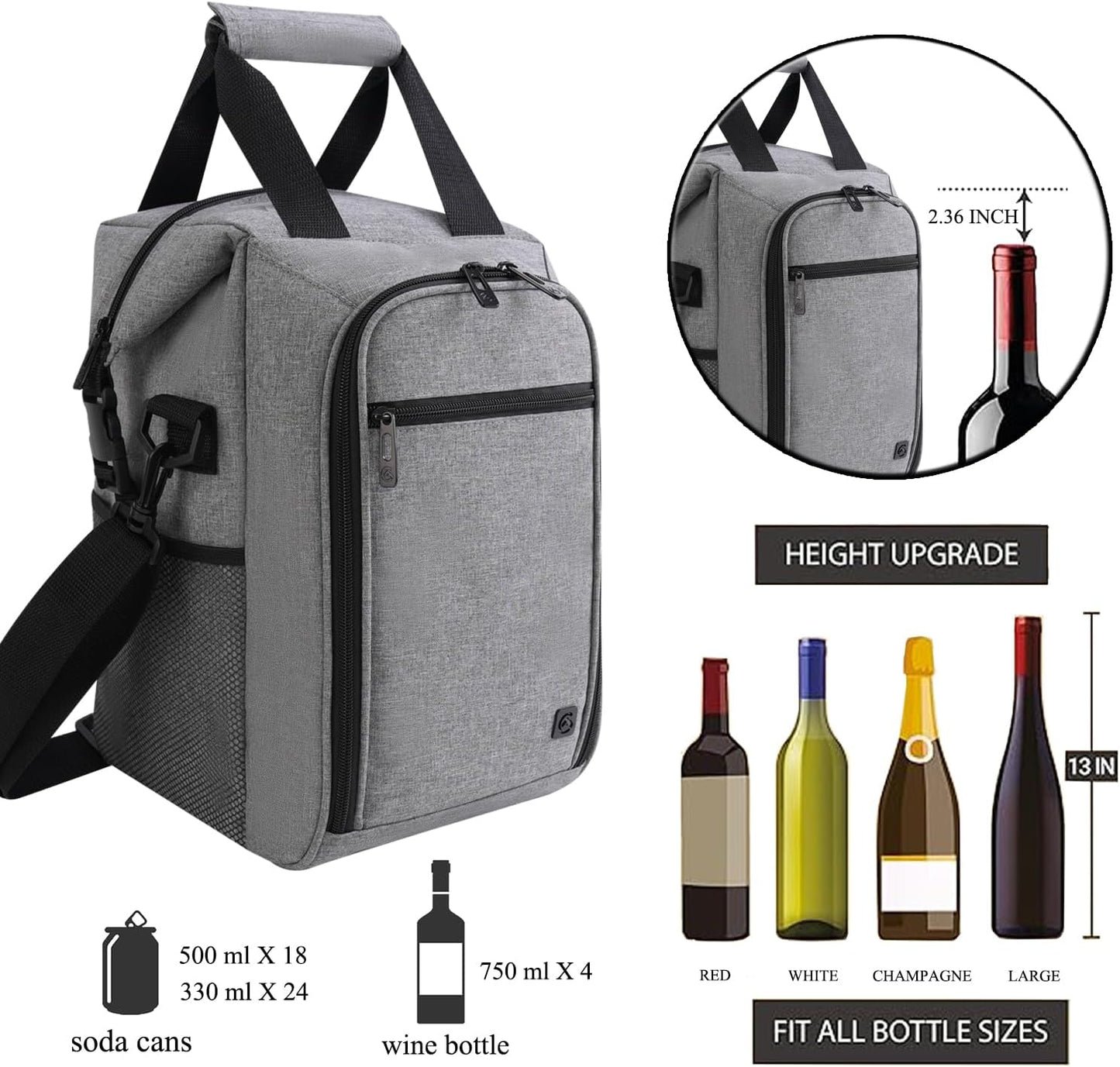 ALLCAMP 4 Bottle Wine Gift Bag - Insulated Tote Cooler, Adjustable Strap, Includes 4 Wine Glasses, Napkins & Corkscrew, Portable Travel Gifting(Gray)