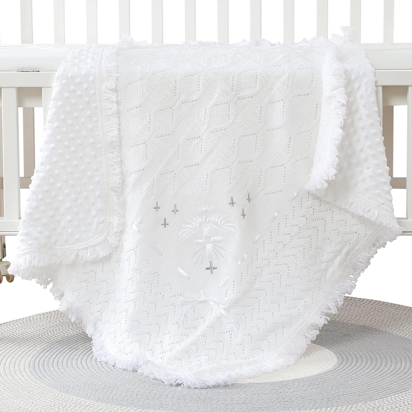 Booulfi Baby Christening Blanket Newborn White Baby Blanket Shawl Neutral Knitted Baptism Blankets for Babies Fleece Lined Winter Warm Blankets,Size 37x39 “