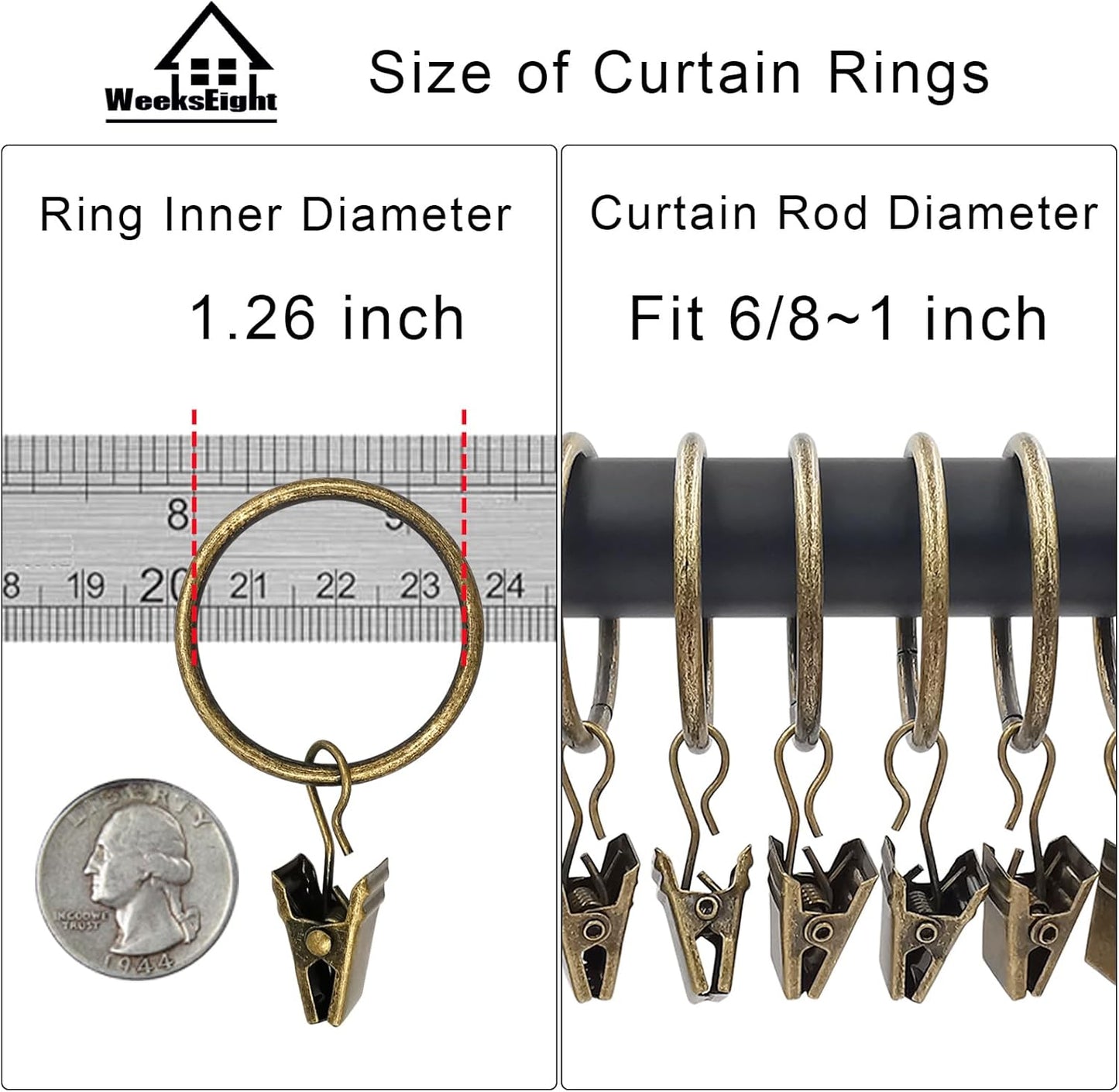 100 Pack Bronze Curtain Rings with Clips, Curtain Hooks Hangers Clip Rings for Hanging Drapes Bows Hat, Drapery Rings 1.26 in I D, Fits up to 1 in Diameter Curtain Rod.