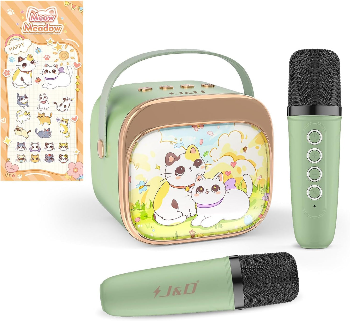 J&D Mini Kids Karaoke Microphone Machine Princess Toys, Colorful LED Portable Bluetooth Speaker with 2 Wireless Mics for Girls Age 3–10 Birthday Party Gifts, Green